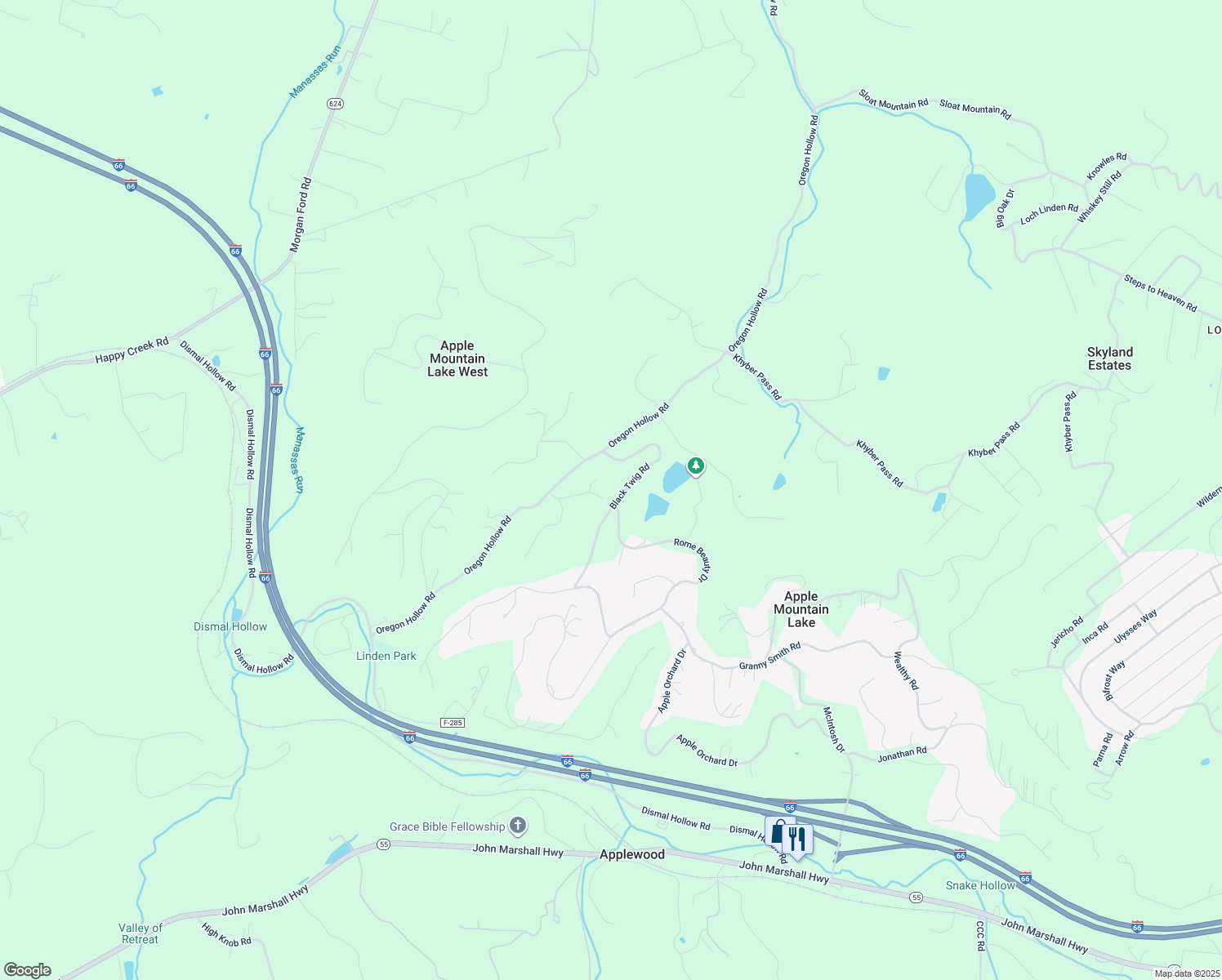 map of restaurants, bars, coffee shops, grocery stores, and more near 285 Black Twig Road in Linden