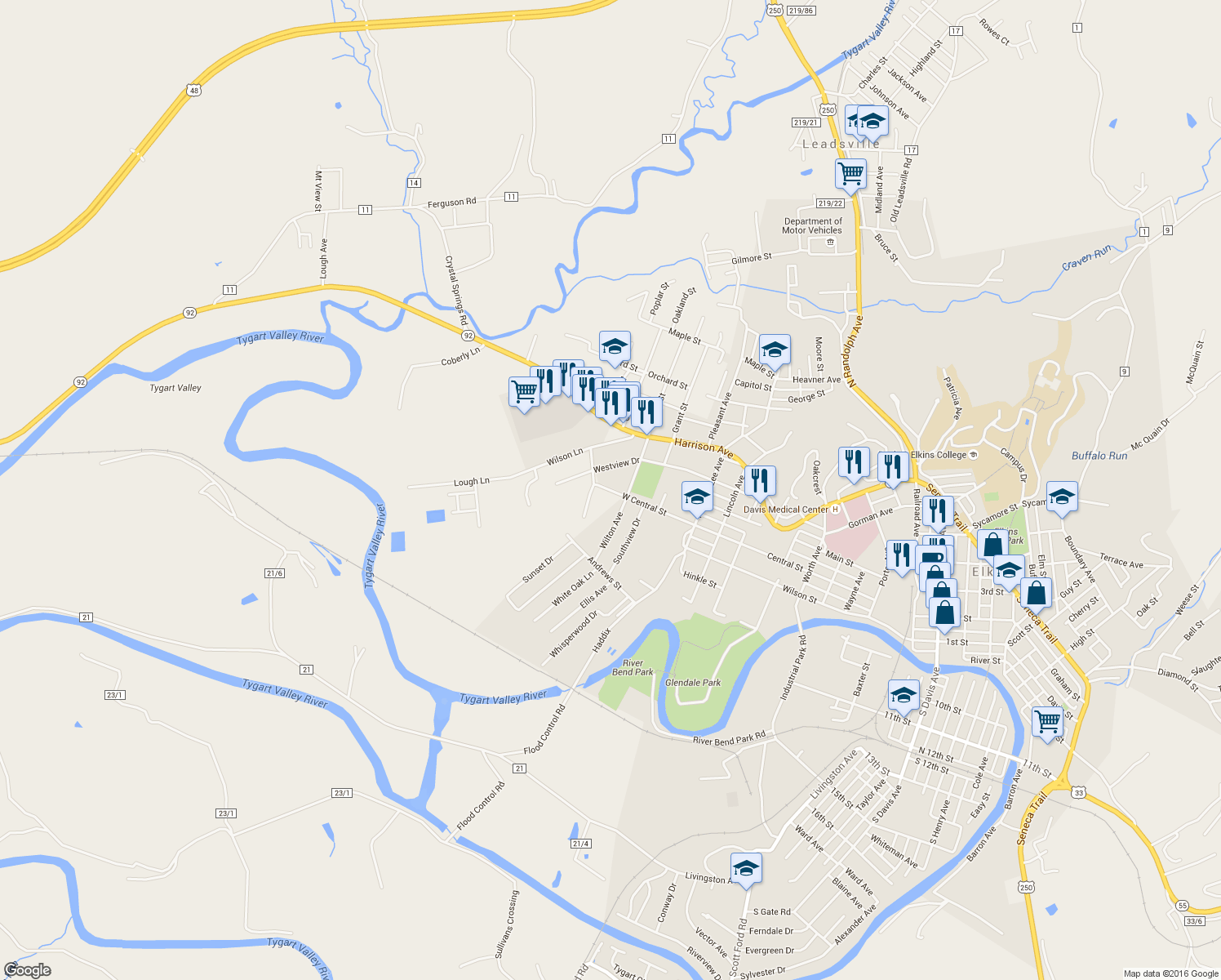 map of restaurants, bars, coffee shops, grocery stores, and more near 1008 West Central Street in Elkins