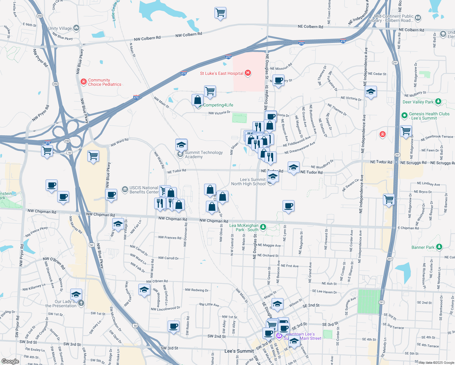 map of restaurants, bars, coffee shops, grocery stores, and more near 813 Northwest Main Street in Lee's Summit