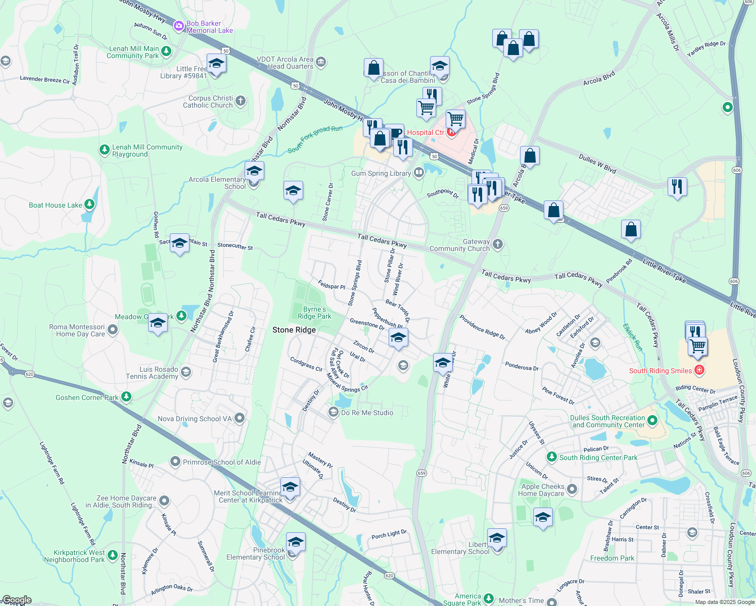 map of restaurants, bars, coffee shops, grocery stores, and more near 42033 Bear Tooth Drive in Aldie