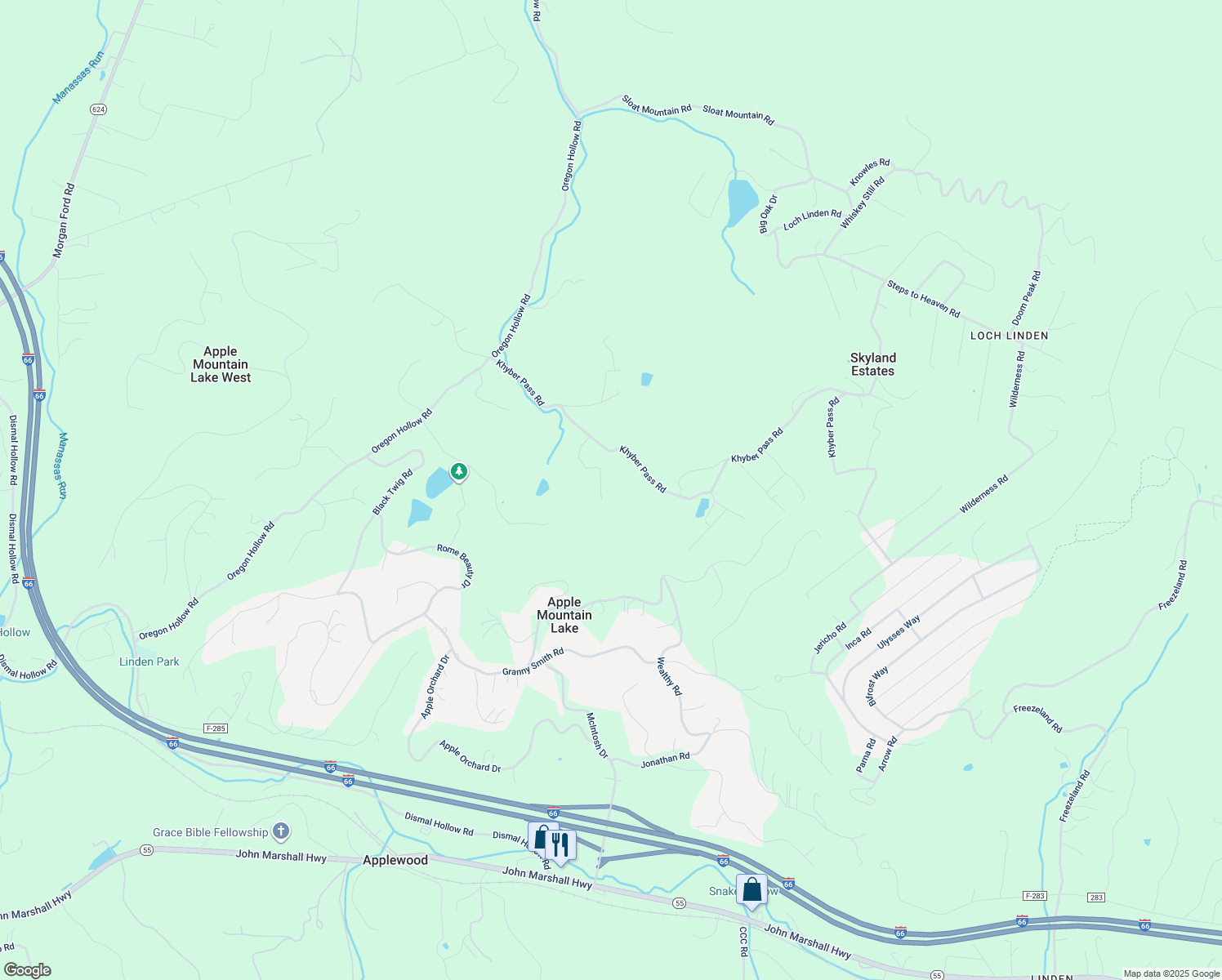 map of restaurants, bars, coffee shops, grocery stores, and more near 380 Khyber Pass Road in Apple Mountain Lake