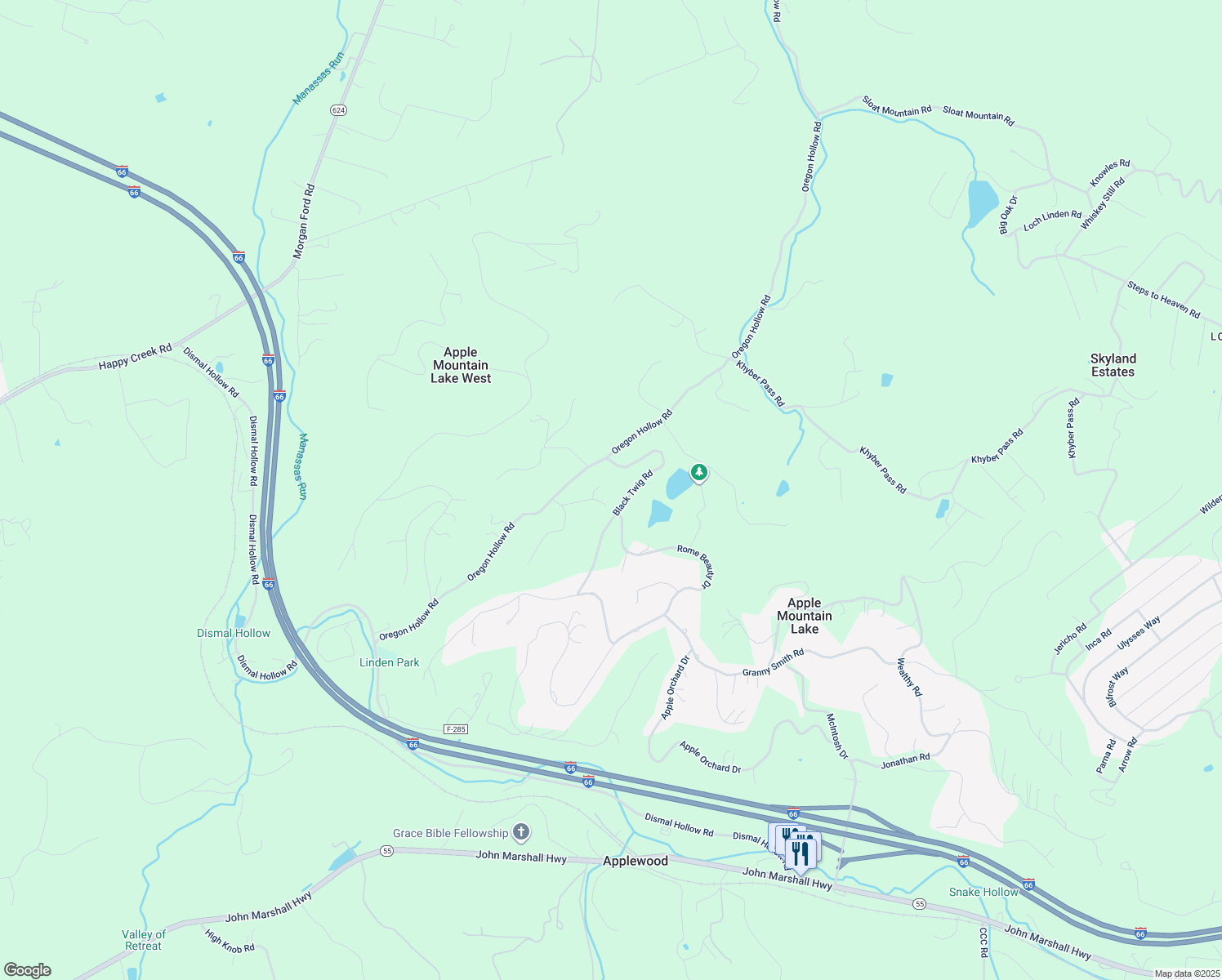 map of restaurants, bars, coffee shops, grocery stores, and more near 285 Black Twig Road in Linden