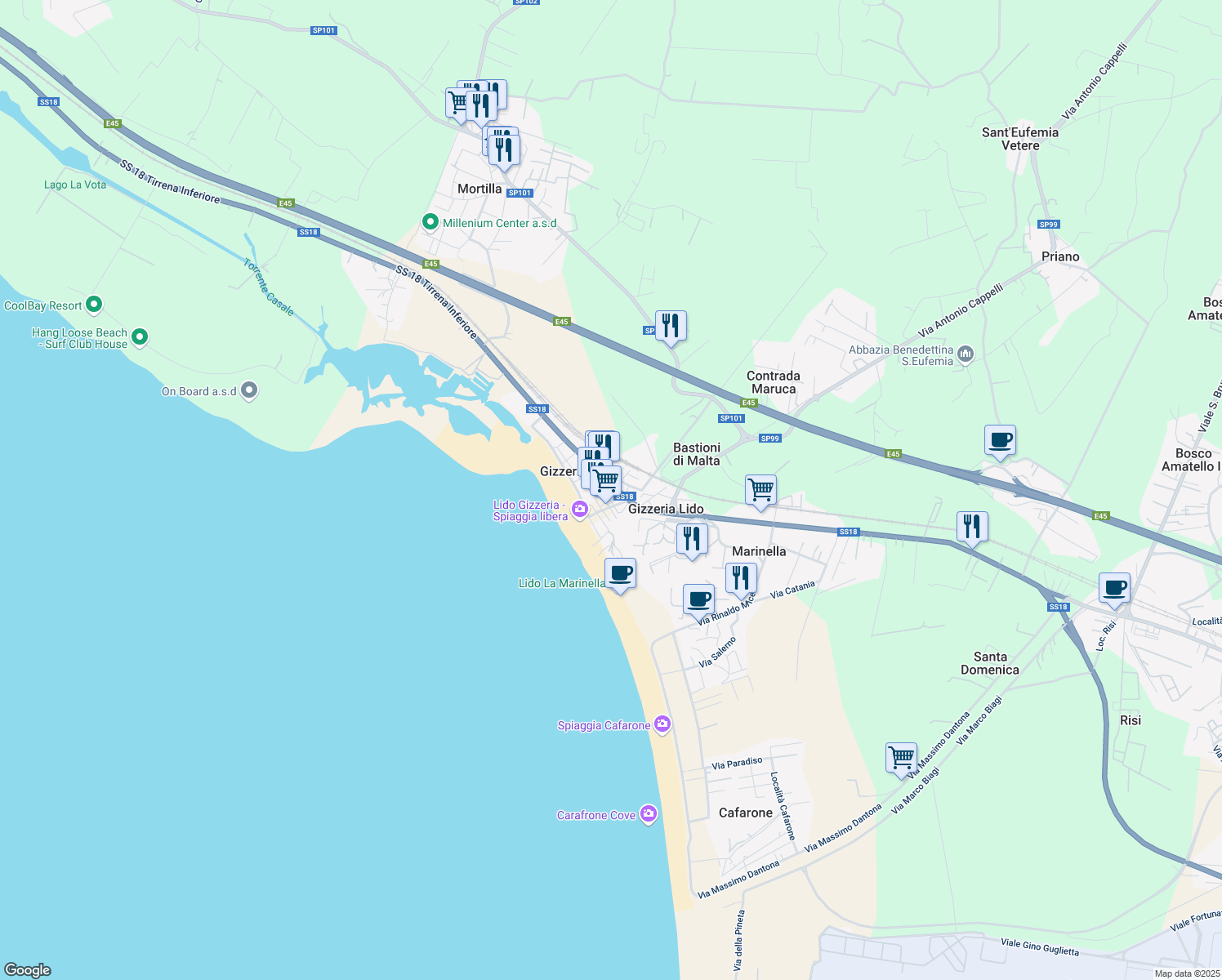 map of restaurants, bars, coffee shops, grocery stores, and more near 201 Via Luigi Rizzo in Gizzeria Lido
