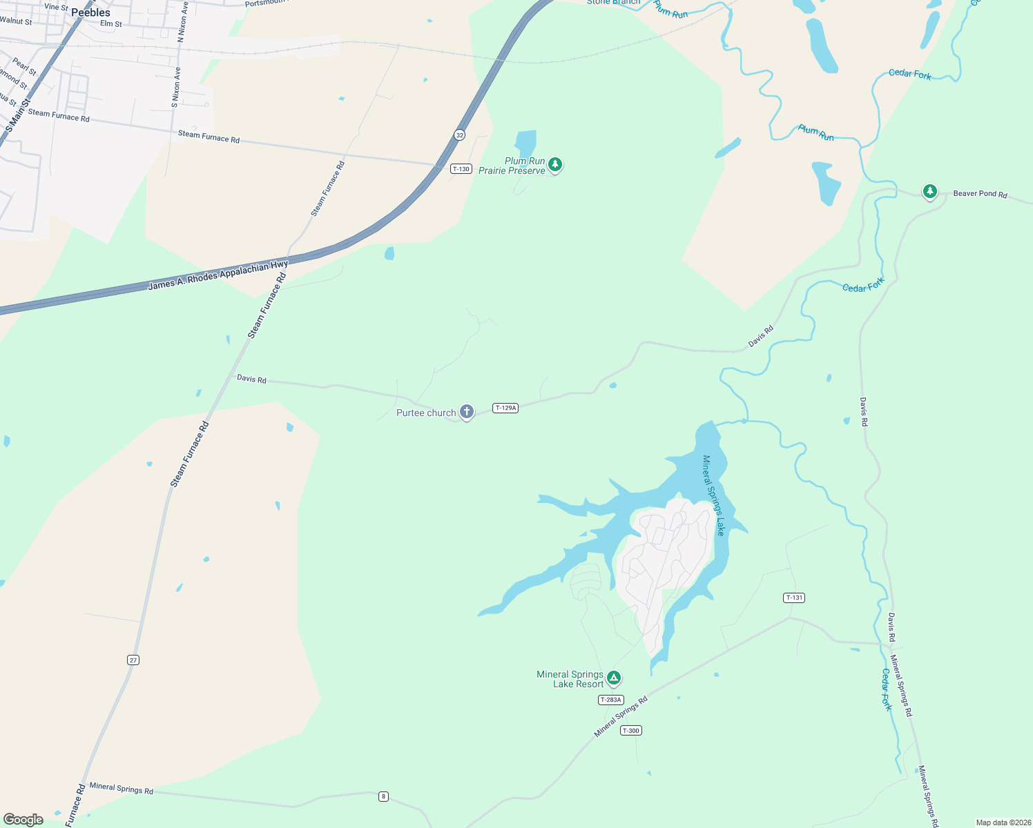 map of restaurants, bars, coffee shops, grocery stores, and more near 1009 Davis Road in Peebles