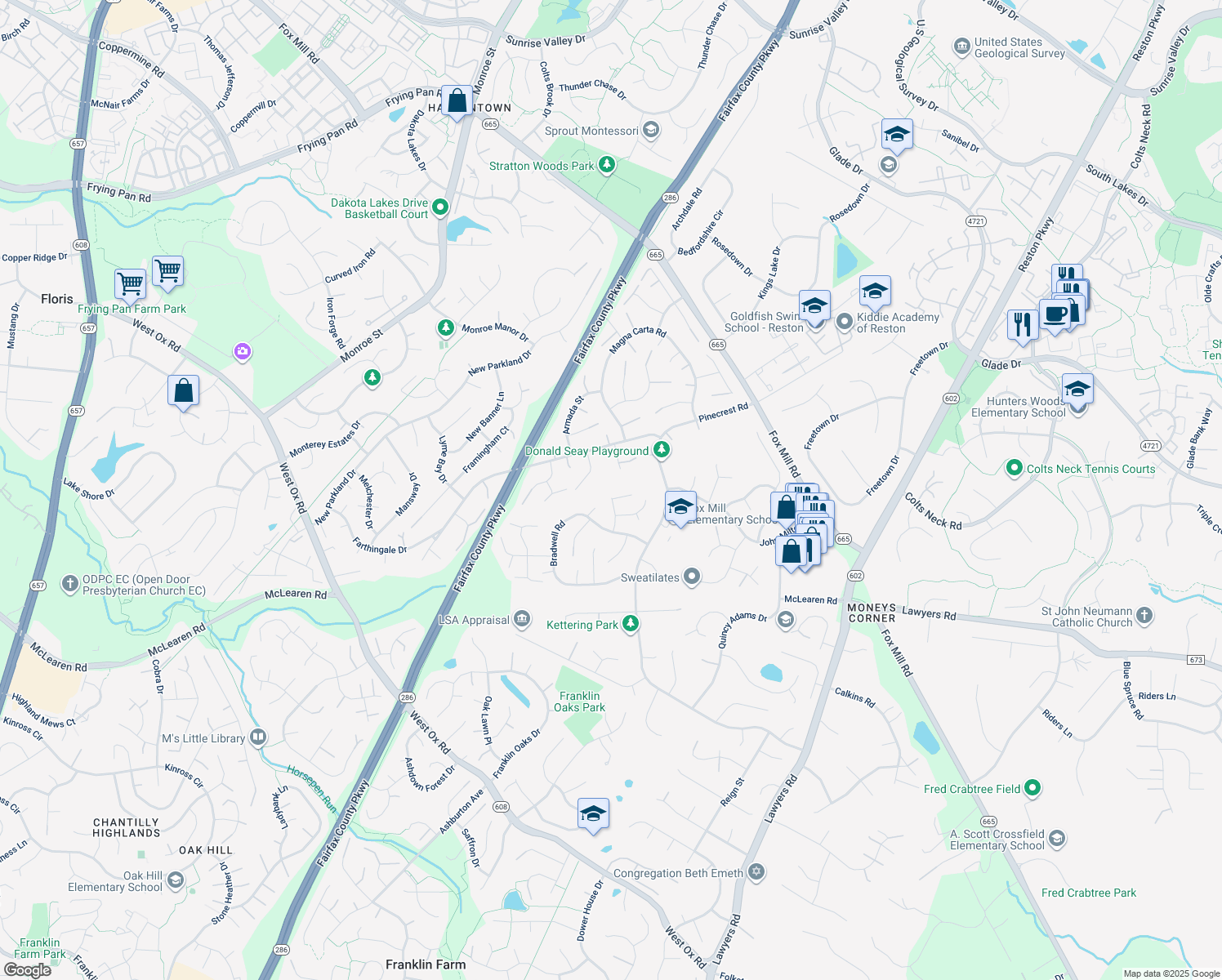 map of restaurants, bars, coffee shops, grocery stores, and more near 2601 Claxton Drive in Herndon