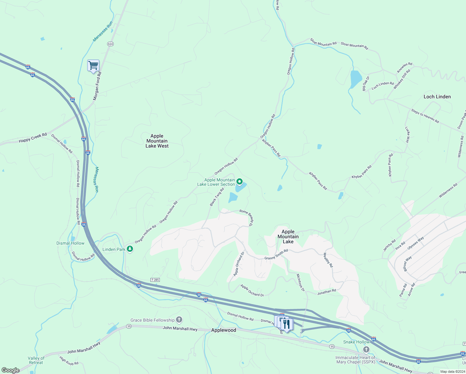 map of restaurants, bars, coffee shops, grocery stores, and more near 420 Black Twig Road in Linden