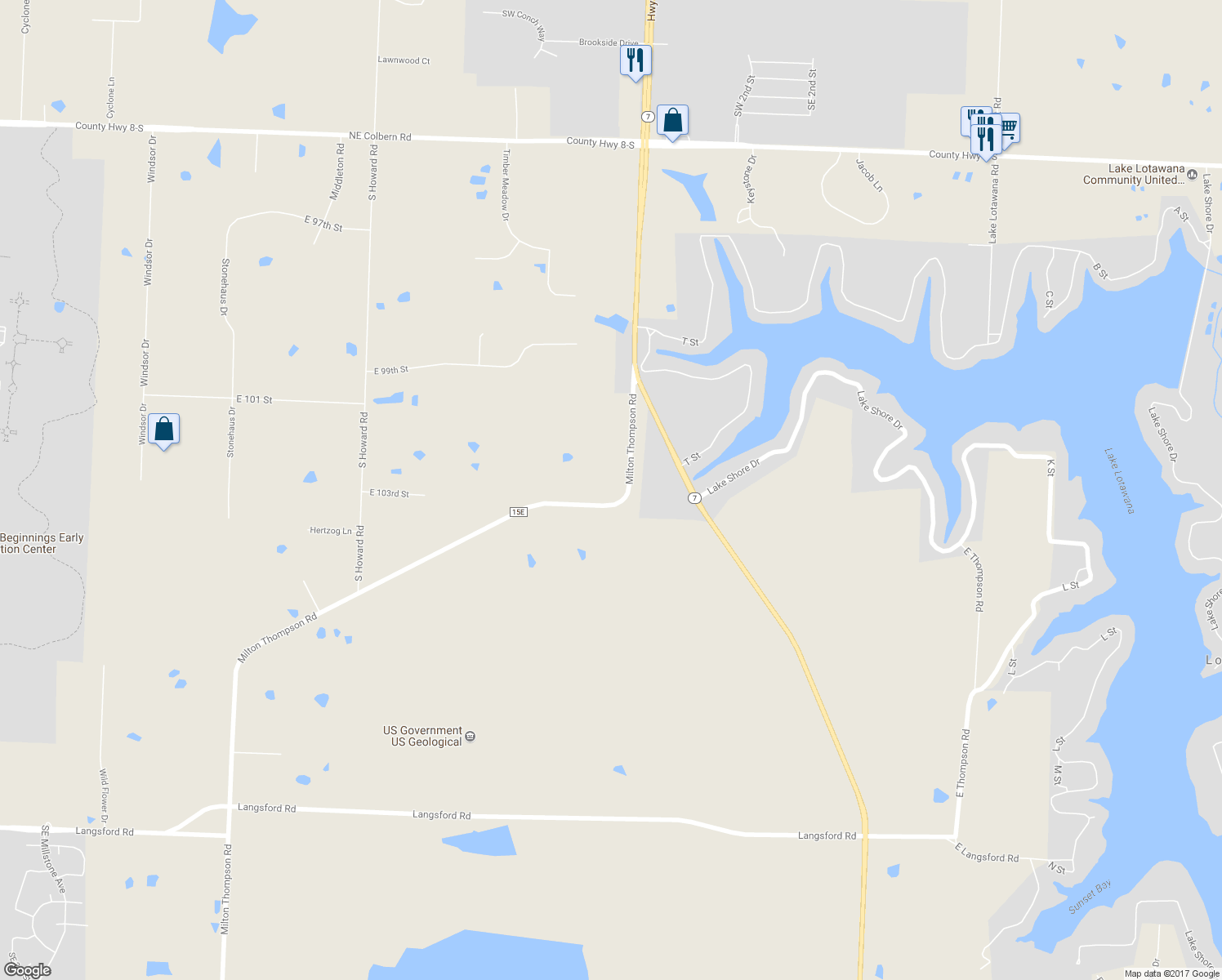 map of restaurants, bars, coffee shops, grocery stores, and more near 26300 Milton Thompson Road in Lee's Summit