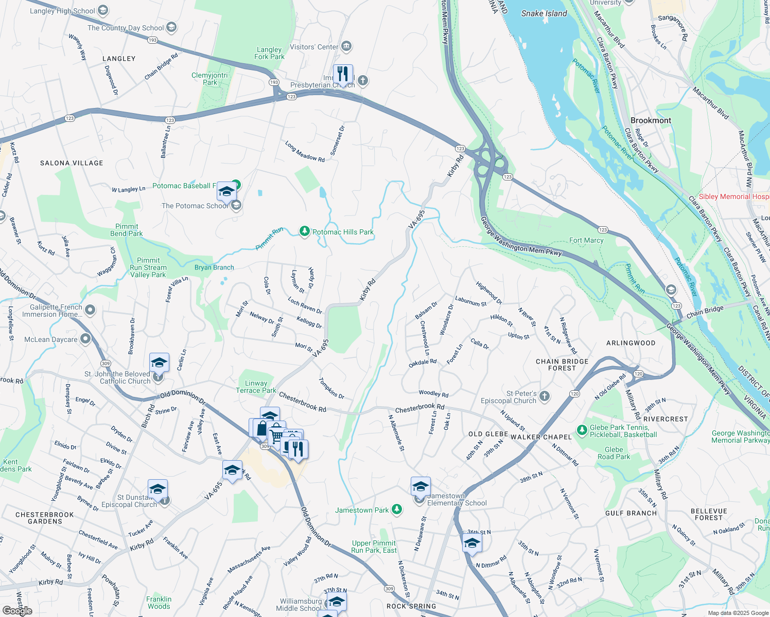 map of restaurants, bars, coffee shops, grocery stores, and more near 1585 Maddux Lane in McLean