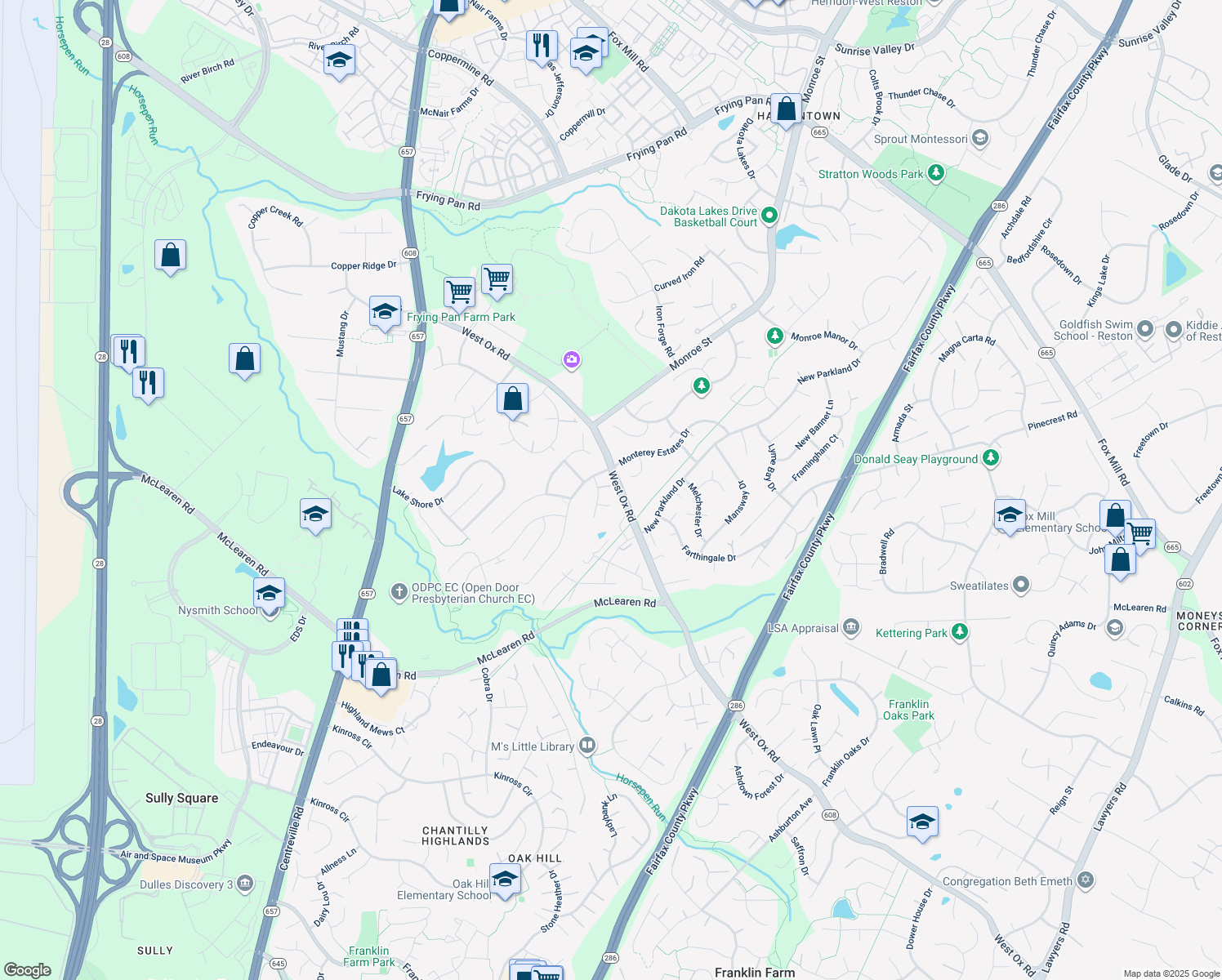map of restaurants, bars, coffee shops, grocery stores, and more near 2779 Middleton Farm Court in Herndon