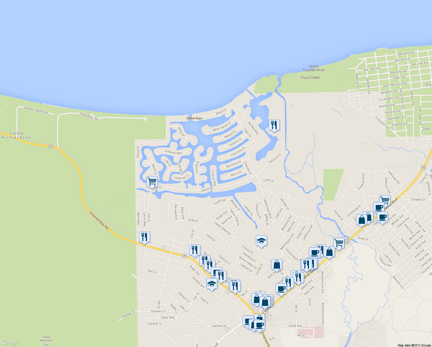 map of restaurants, bars, coffee shops, grocery stores, and more near 569 Lucerne Way in South Lake Tahoe