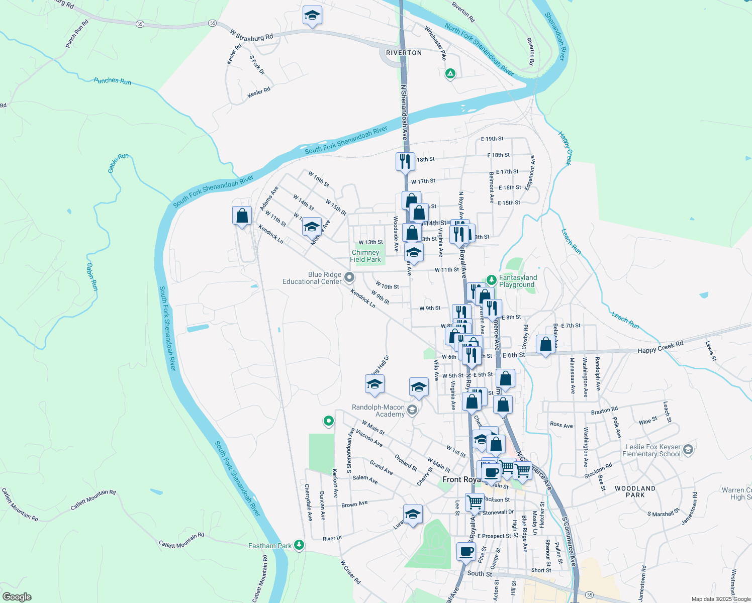 map of restaurants, bars, coffee shops, grocery stores, and more near 353 Kendrick Lane in Front Royal