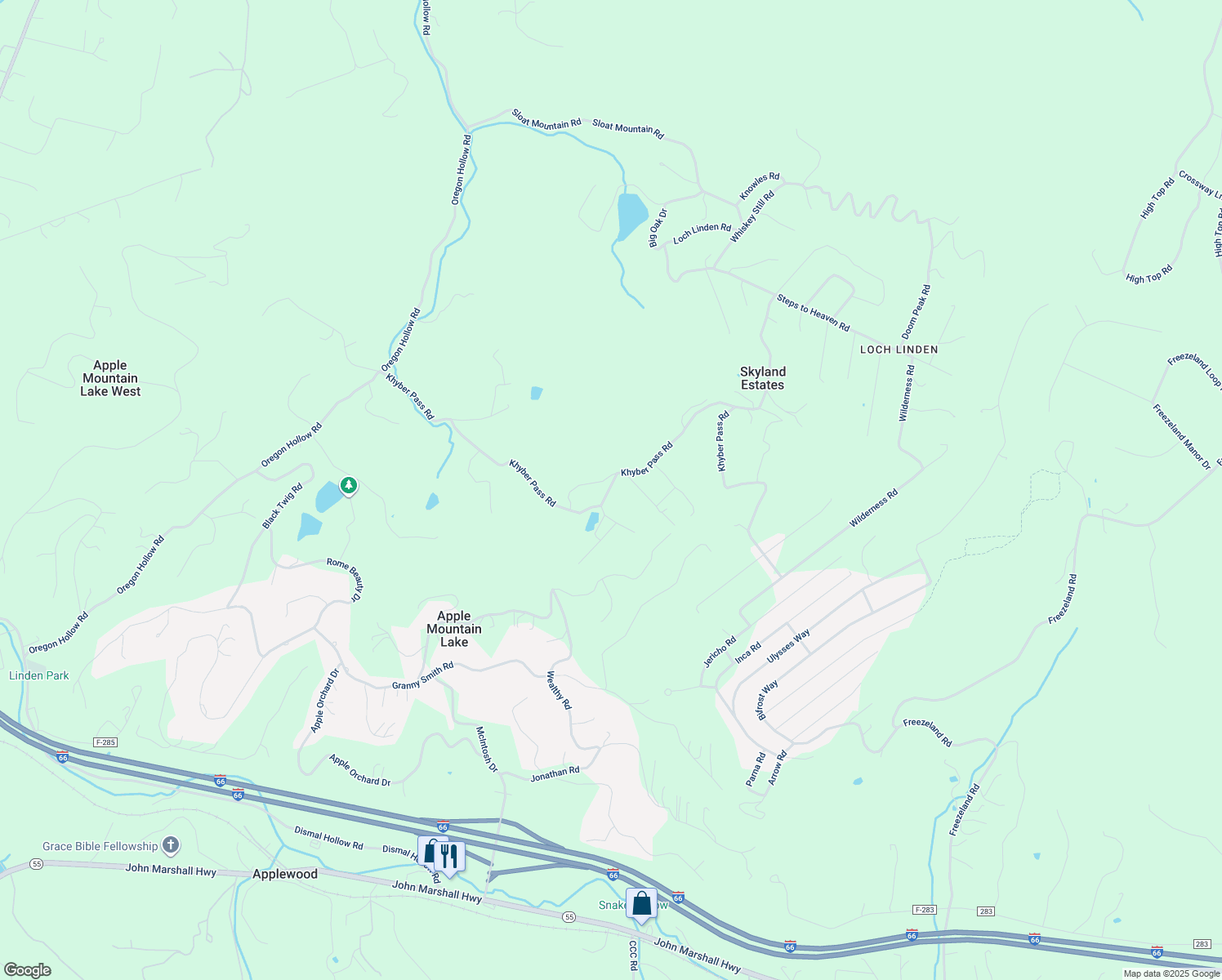 map of restaurants, bars, coffee shops, grocery stores, and more near 860 Khyber Pass Road in Skyland Estates