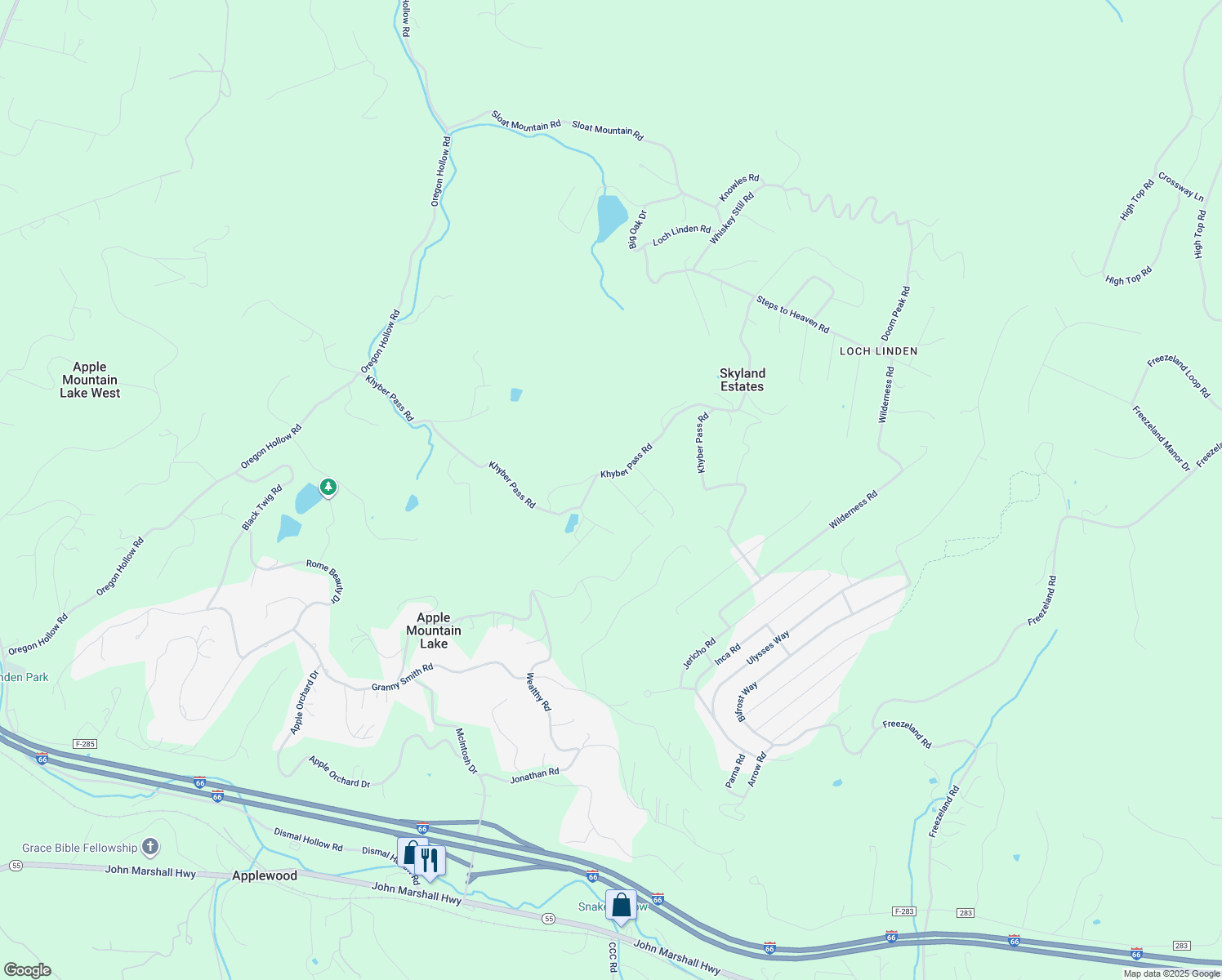map of restaurants, bars, coffee shops, grocery stores, and more near 34 Beyond Tomorrow Way in Skyland Estates