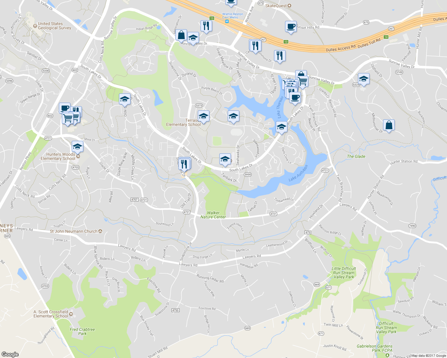 map of restaurants, bars, coffee shops, grocery stores, and more near 11439 Tanbark Drive in Reston