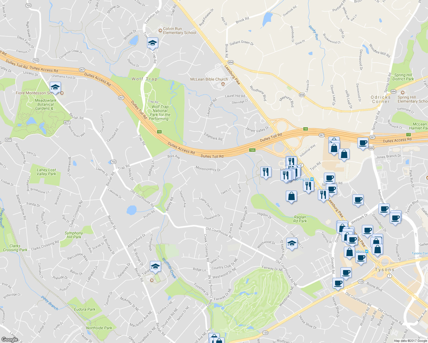 map of restaurants, bars, coffee shops, grocery stores, and more near 1621 Montmorency Drive in Vienna