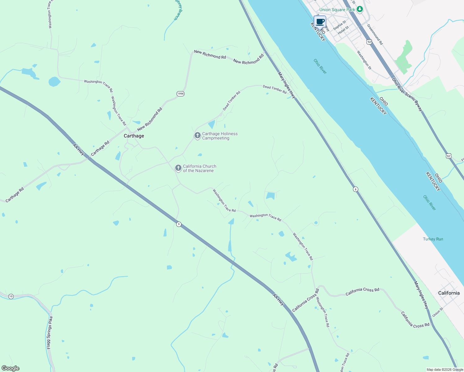 map of restaurants, bars, coffee shops, grocery stores, and more near 9715 Washington Trace Road in California