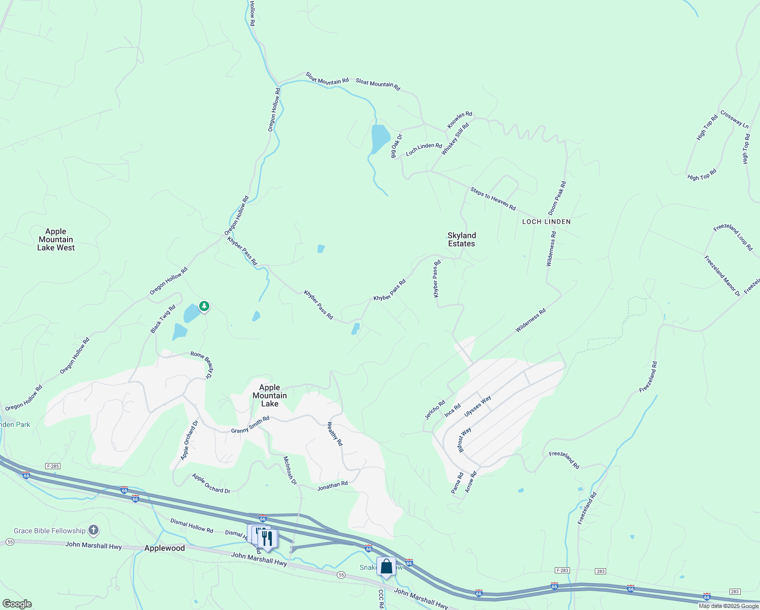 map of restaurants, bars, coffee shops, grocery stores, and more near 34 Beyond Tomorrow Way in Skyland Estates