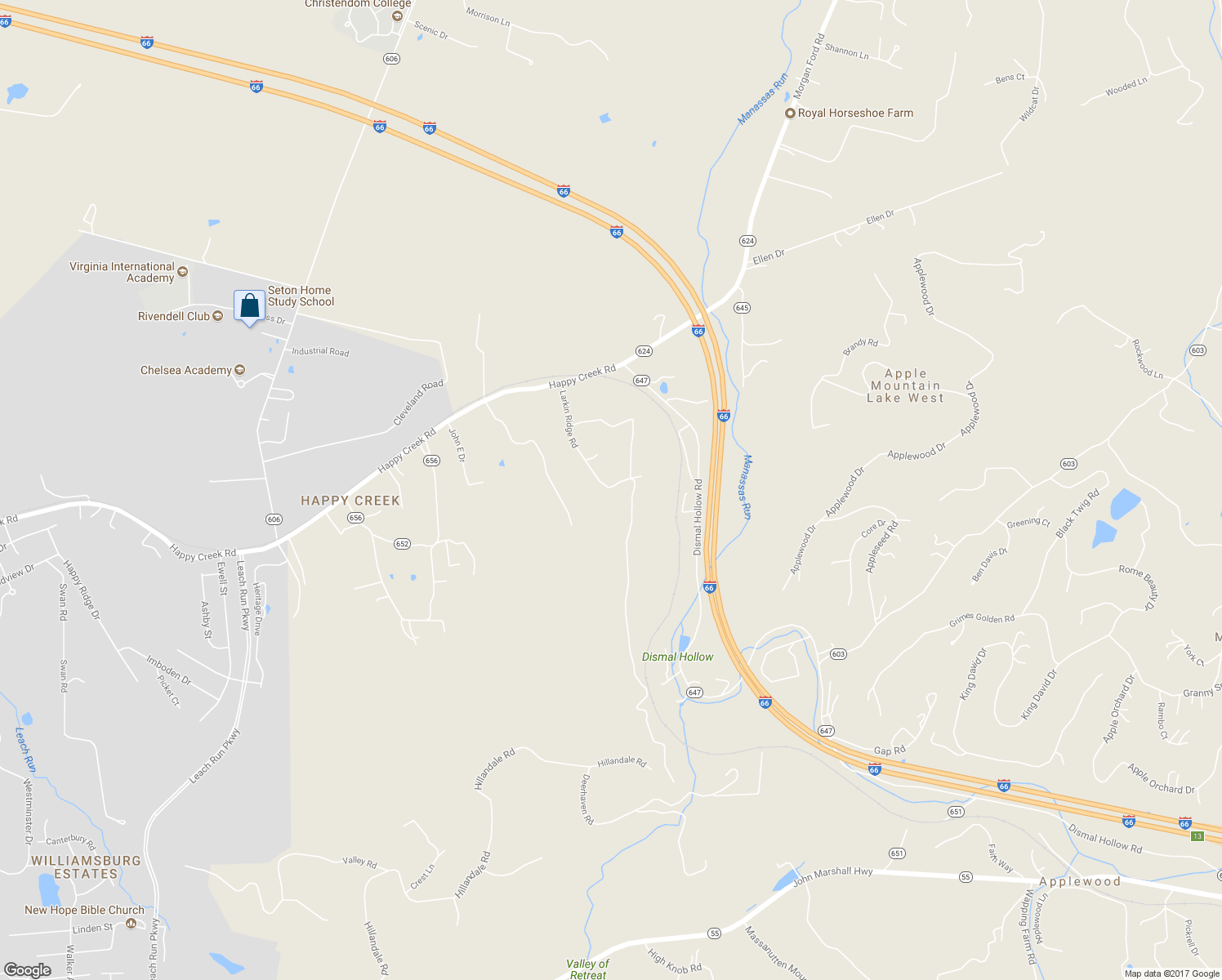 map of restaurants, bars, coffee shops, grocery stores, and more near 338 Larkin Ridge Road in Front Royal