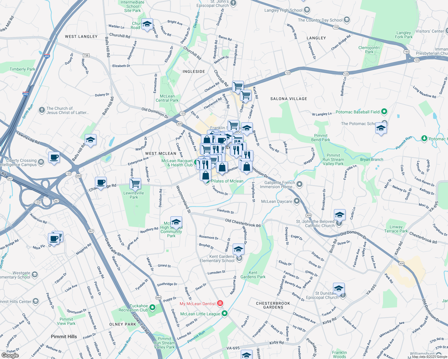 map of restaurants, bars, coffee shops, grocery stores, and more near 1504 Laughlin Avenue in McLean