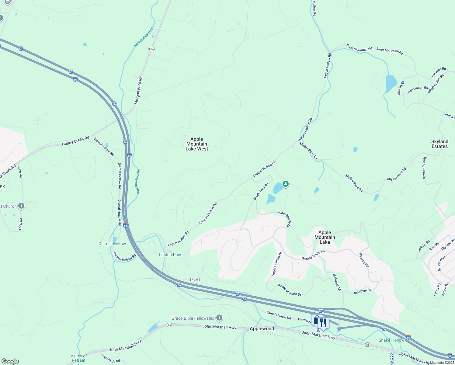 map of restaurants, bars, coffee shops, grocery stores, and more near Stillwater Ln in Linden