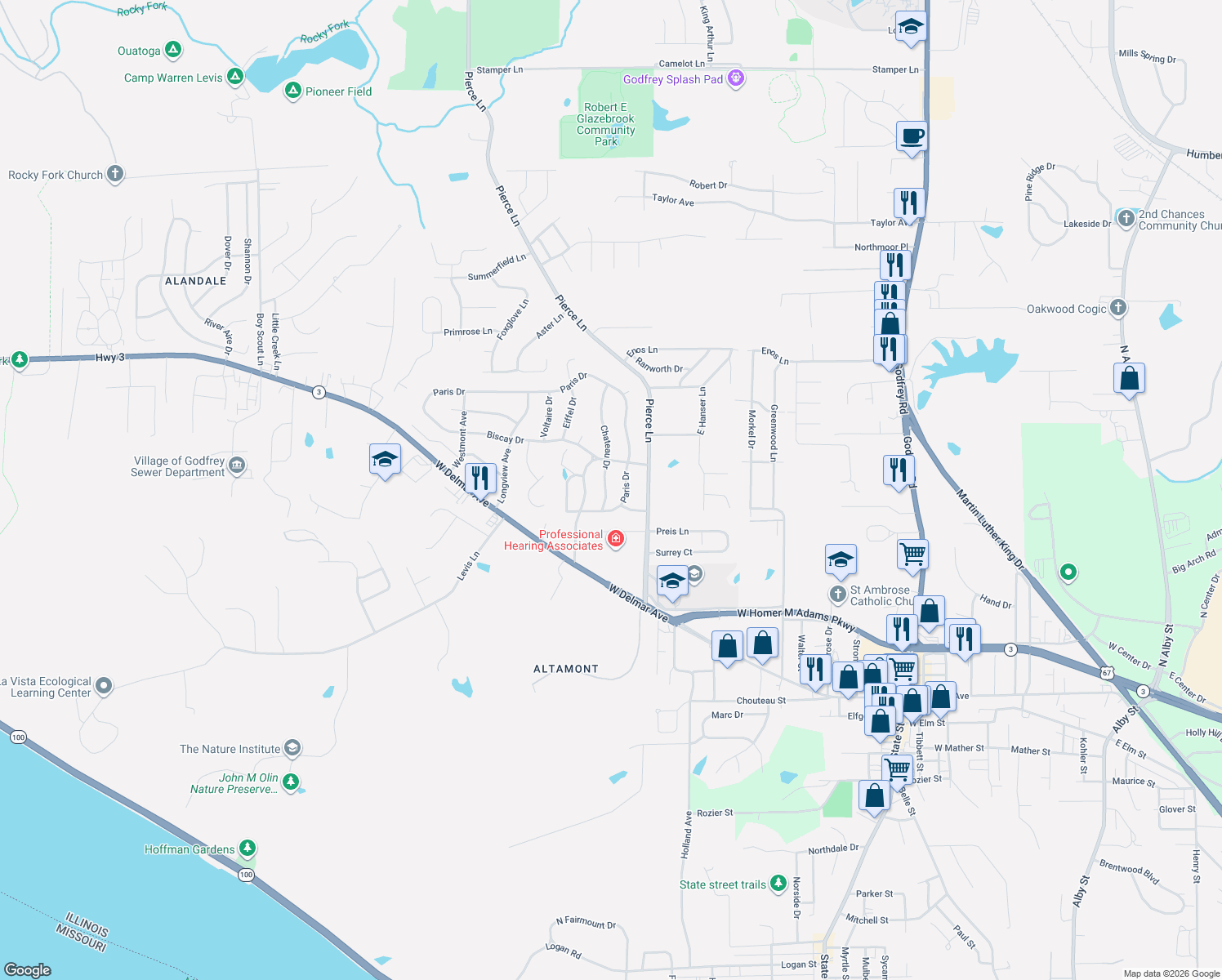 map of restaurants, bars, coffee shops, grocery stores, and more near 4800-4866 Paris Drive in Godfrey