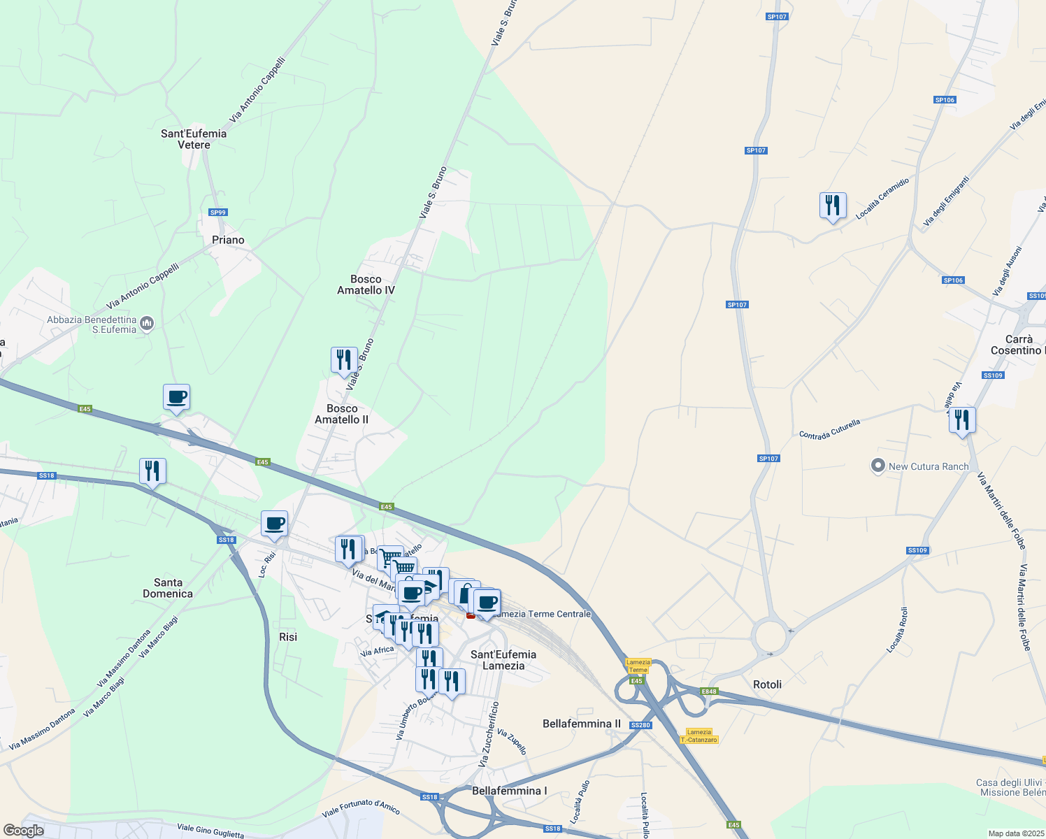 map of restaurants, bars, coffee shops, grocery stores, and more near in Province of Catanzaro