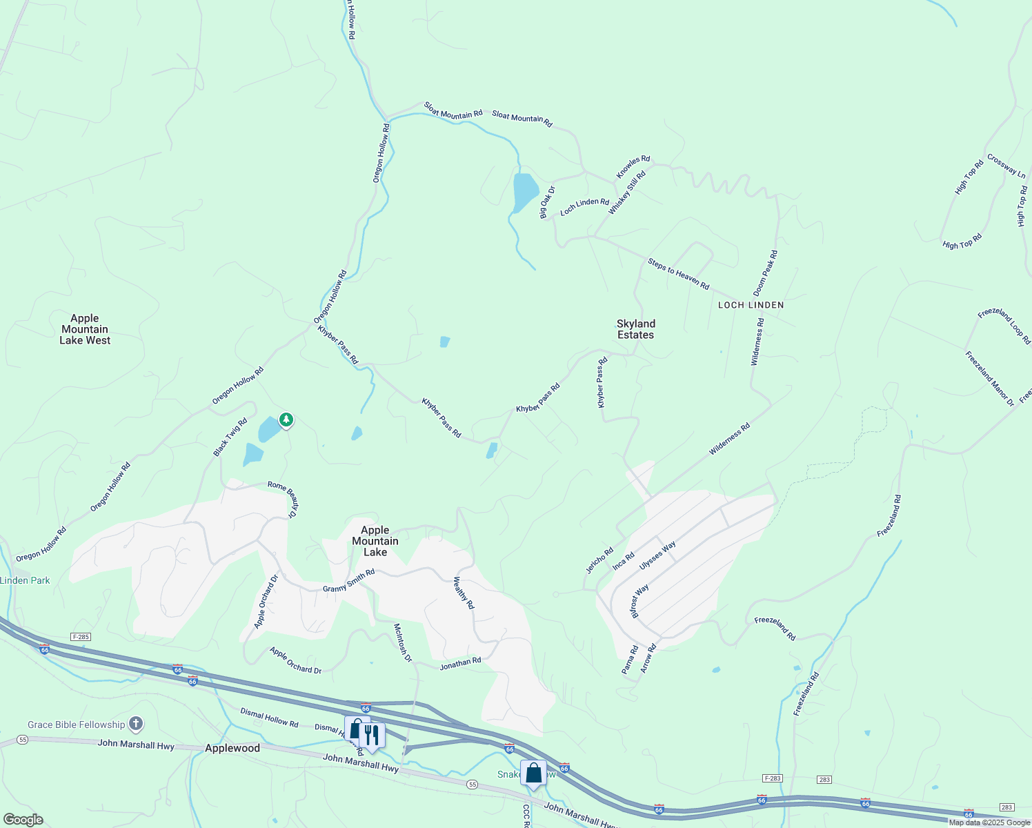 map of restaurants, bars, coffee shops, grocery stores, and more near 860 Khyber Pass Road in Skyland Estates