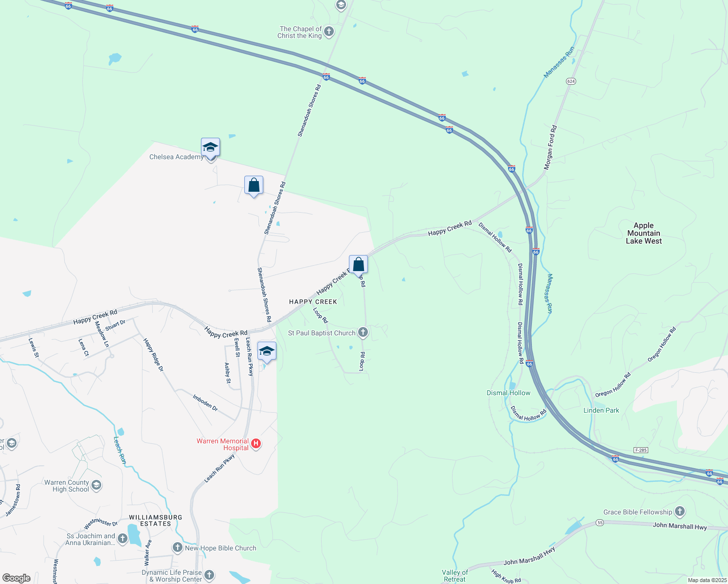 map of restaurants, bars, coffee shops, grocery stores, and more near 876 Loop Road in Front Royal