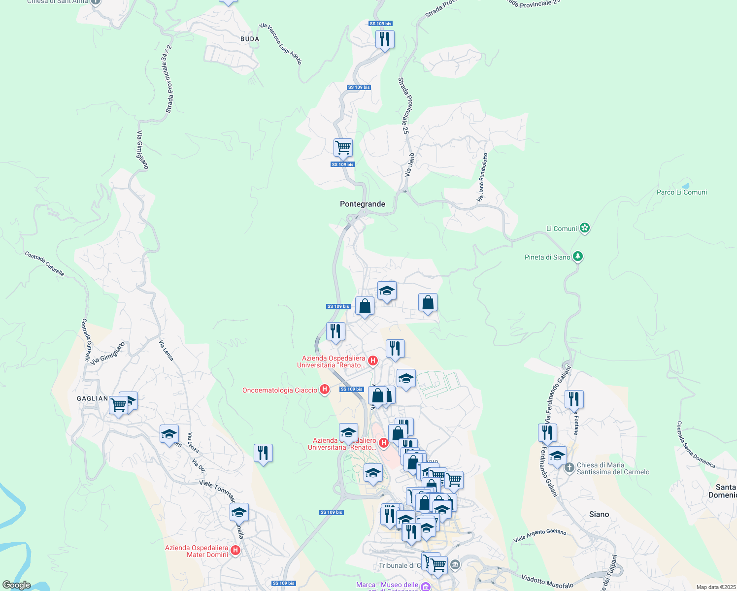 map of restaurants, bars, coffee shops, grocery stores, and more near Via Nicola Lombardi in Catanzaro