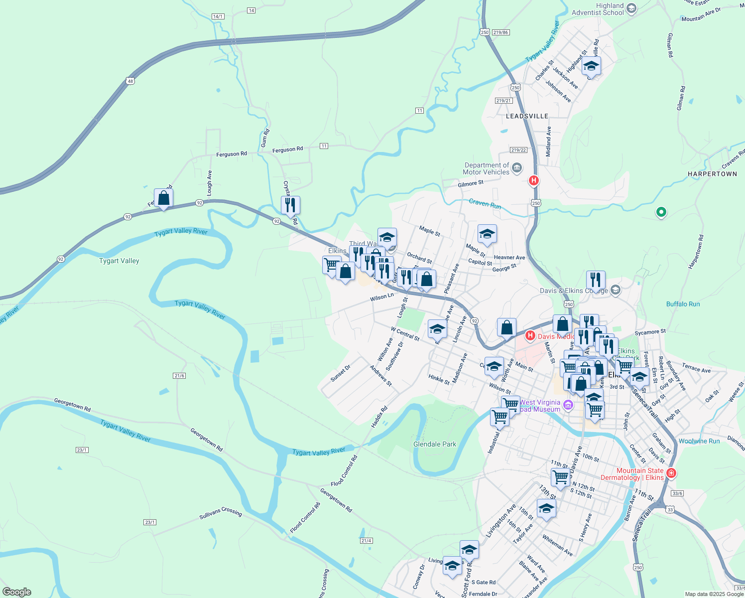 map of restaurants, bars, coffee shops, grocery stores, and more near 199 Wilson Ln in Elkins