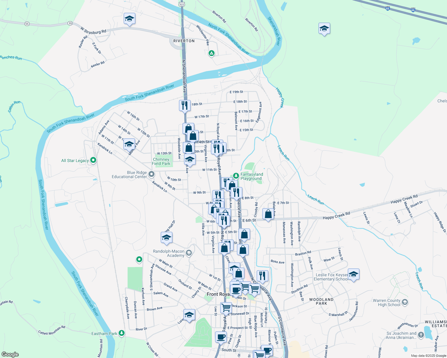 map of restaurants, bars, coffee shops, grocery stores, and more near 929 North Royal Avenue in Front Royal