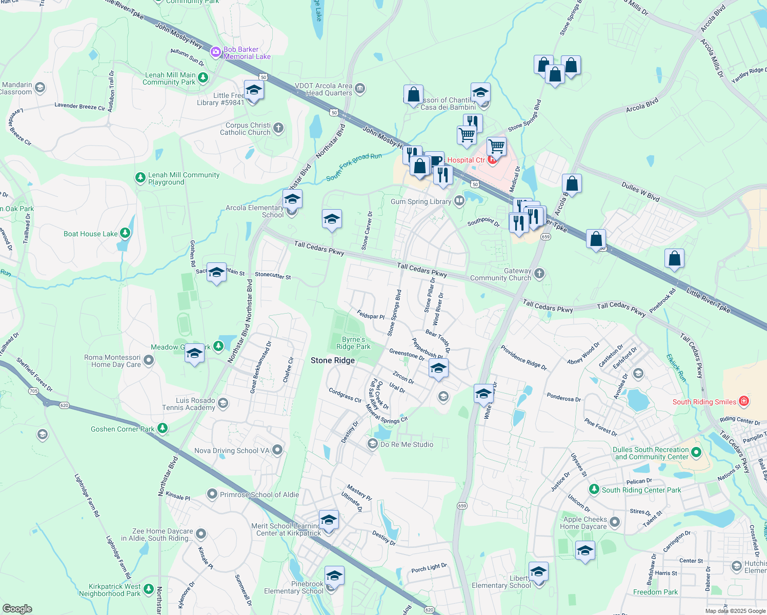 map of restaurants, bars, coffee shops, grocery stores, and more near 24813 Hornfels Court in Stone Ridge
