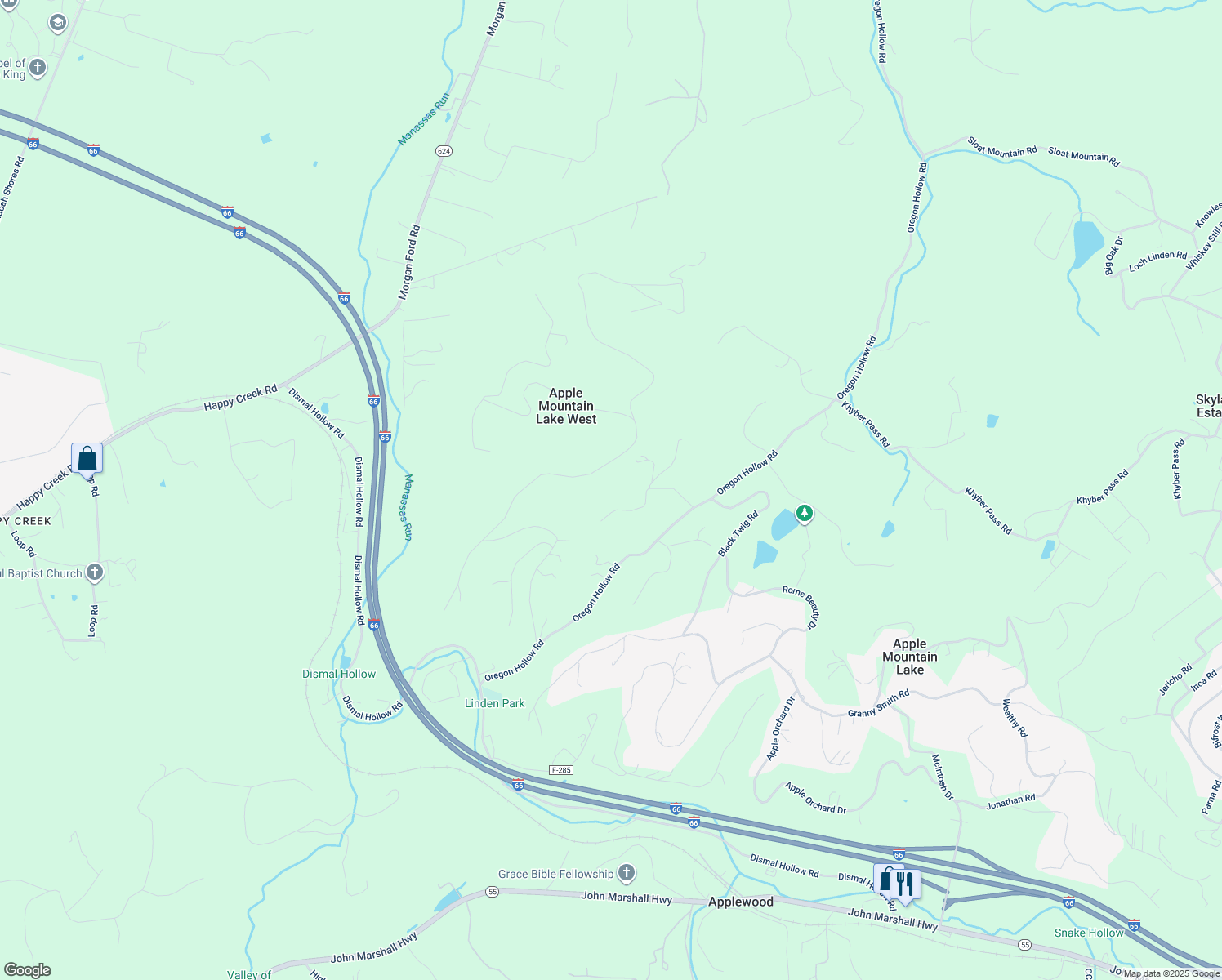 map of restaurants, bars, coffee shops, grocery stores, and more near Stillwater Ln in Linden