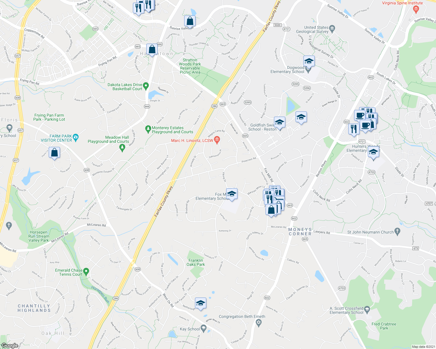 map of restaurants, bars, coffee shops, grocery stores, and more near 2574 Viking Drive in Herndon