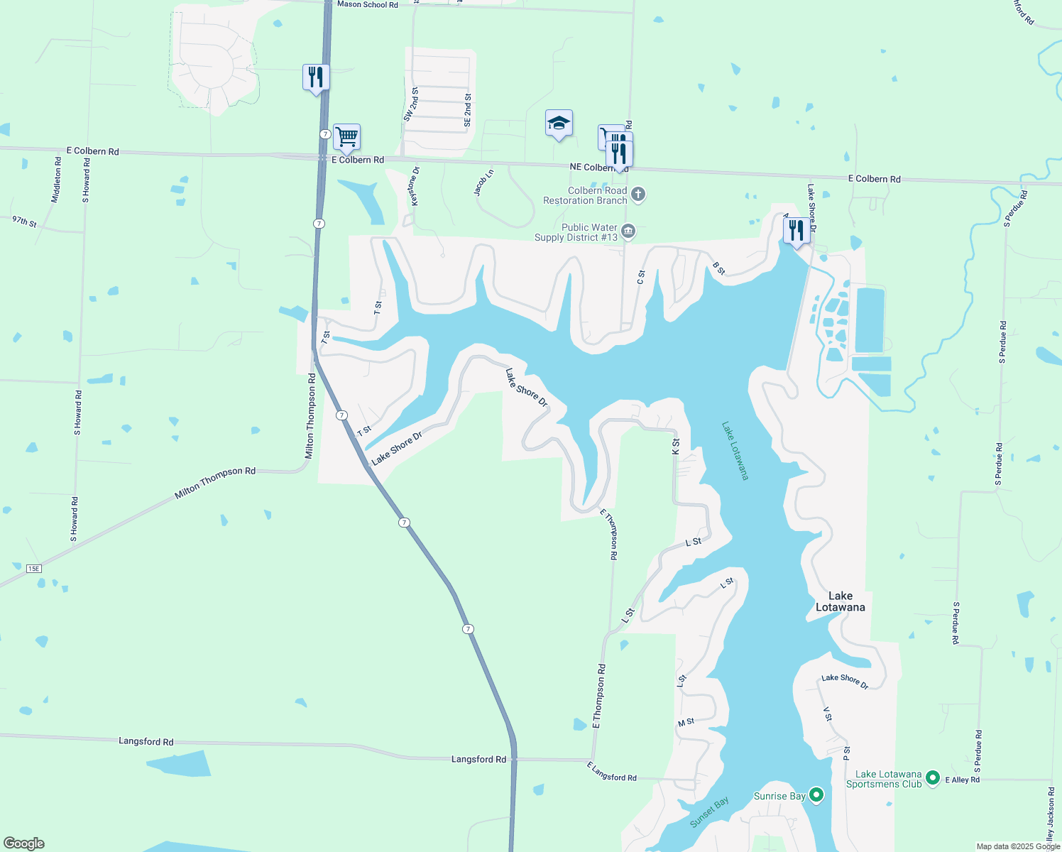 map of restaurants, bars, coffee shops, grocery stores, and more near Lake Shore Drive in Lake Lotawana