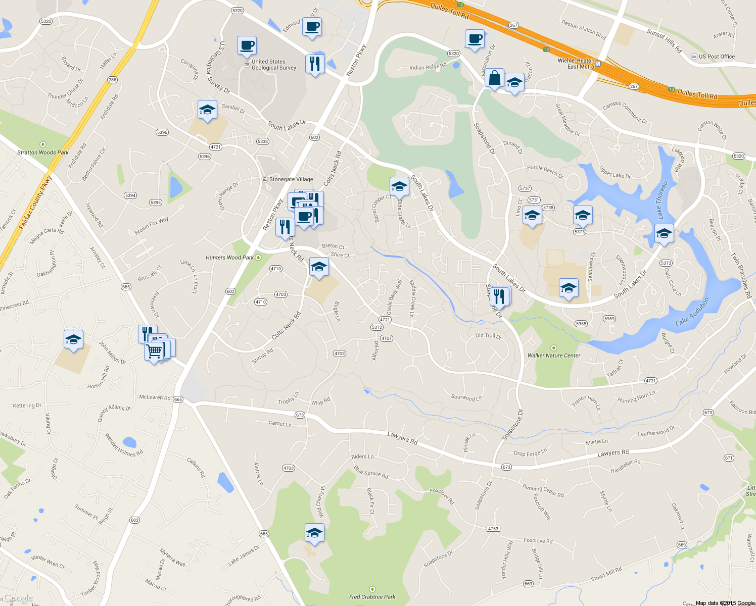 map of restaurants, bars, coffee shops, grocery stores, and more near 11881 Saint Trinians Court in Reston