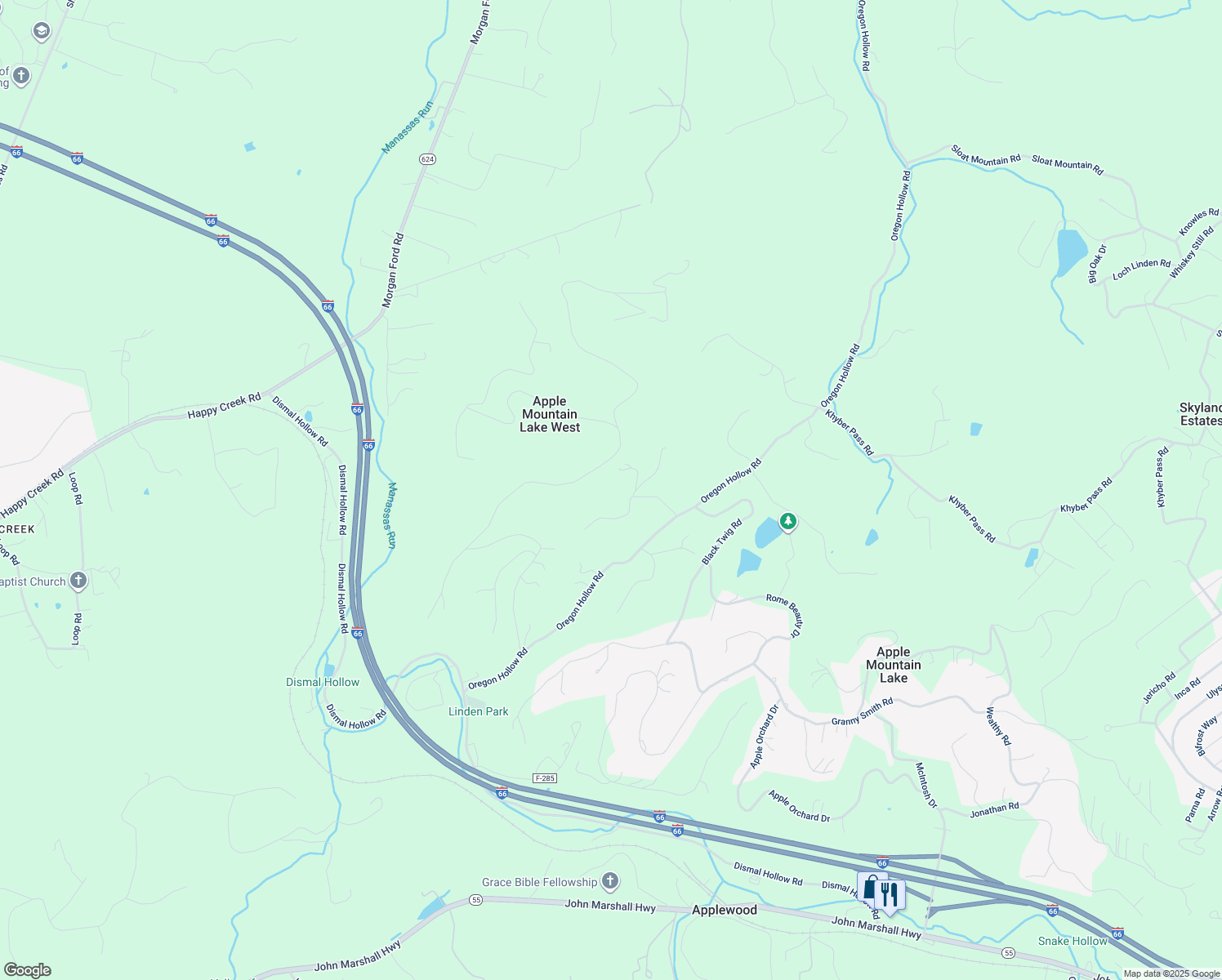 map of restaurants, bars, coffee shops, grocery stores, and more near Stillwater Ln in Linden