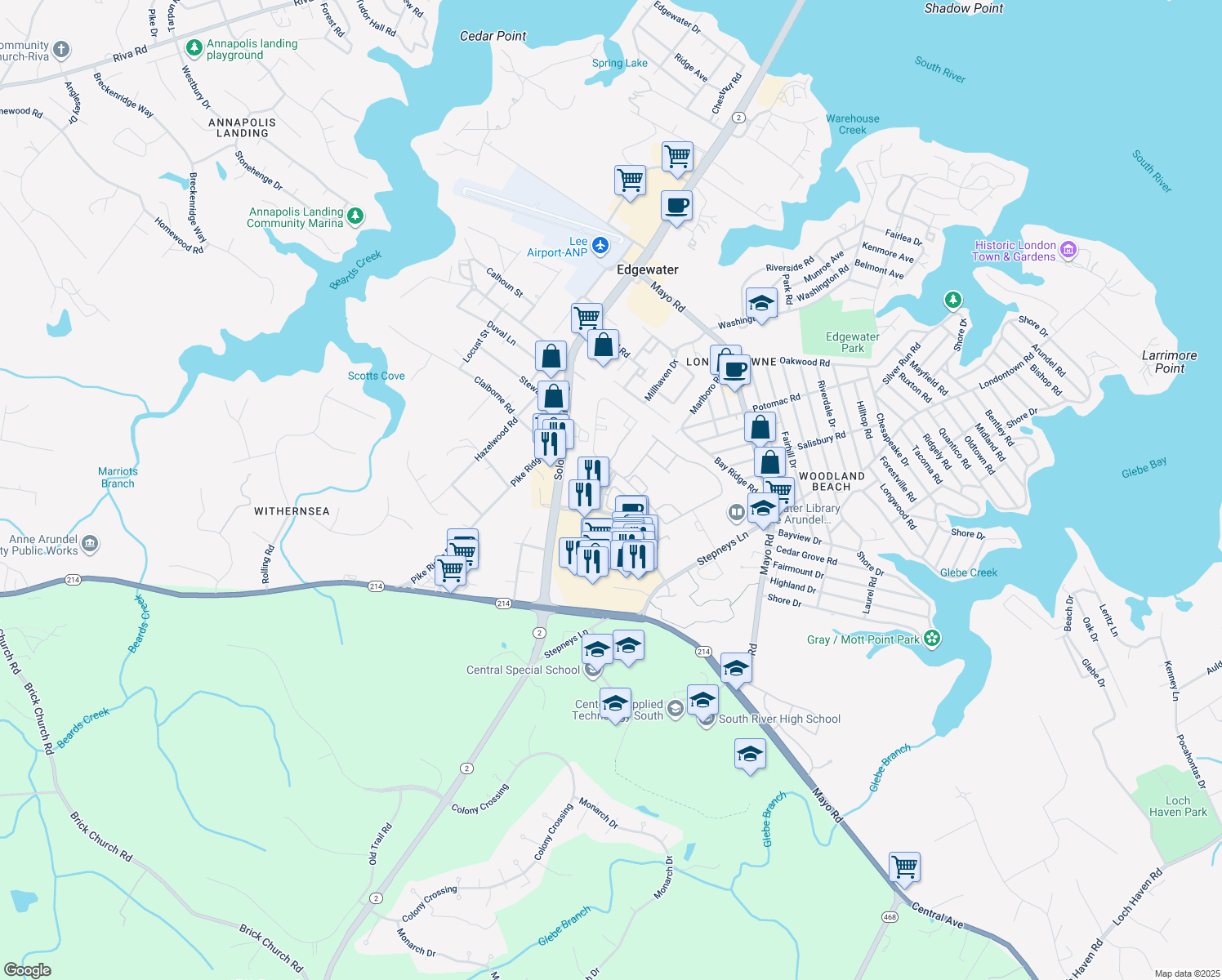 map of restaurants, bars, coffee shops, grocery stores, and more near 311 Hamlet Circle in Edgewater