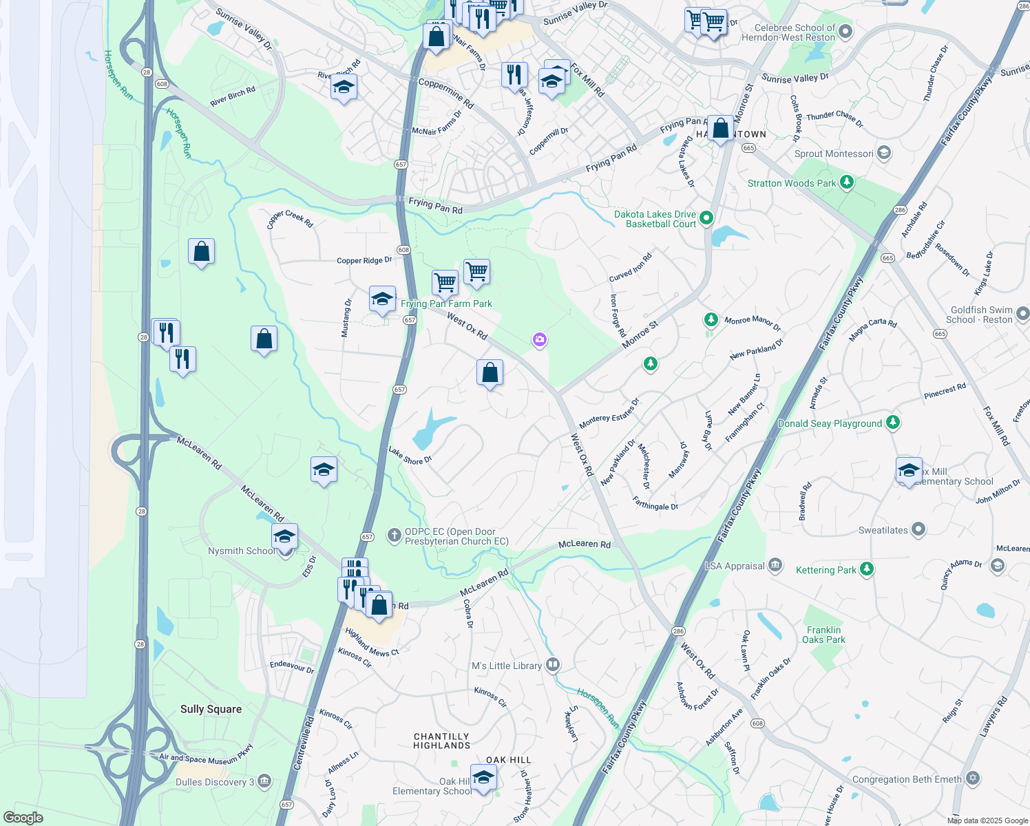 map of restaurants, bars, coffee shops, grocery stores, and more near 13355 Point Rider Lane in Herndon