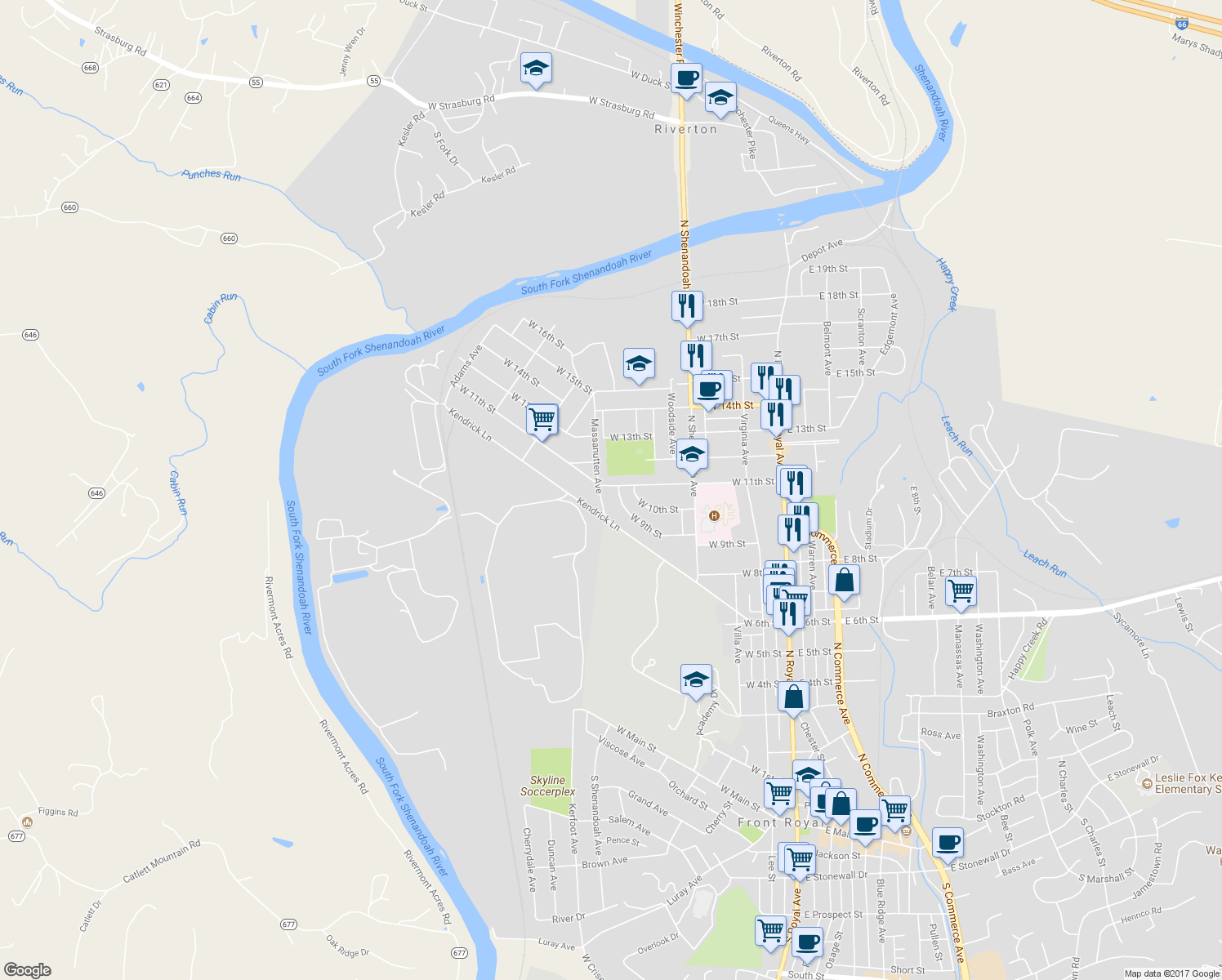 map of restaurants, bars, coffee shops, grocery stores, and more near 378 West 11th Street in Front Royal