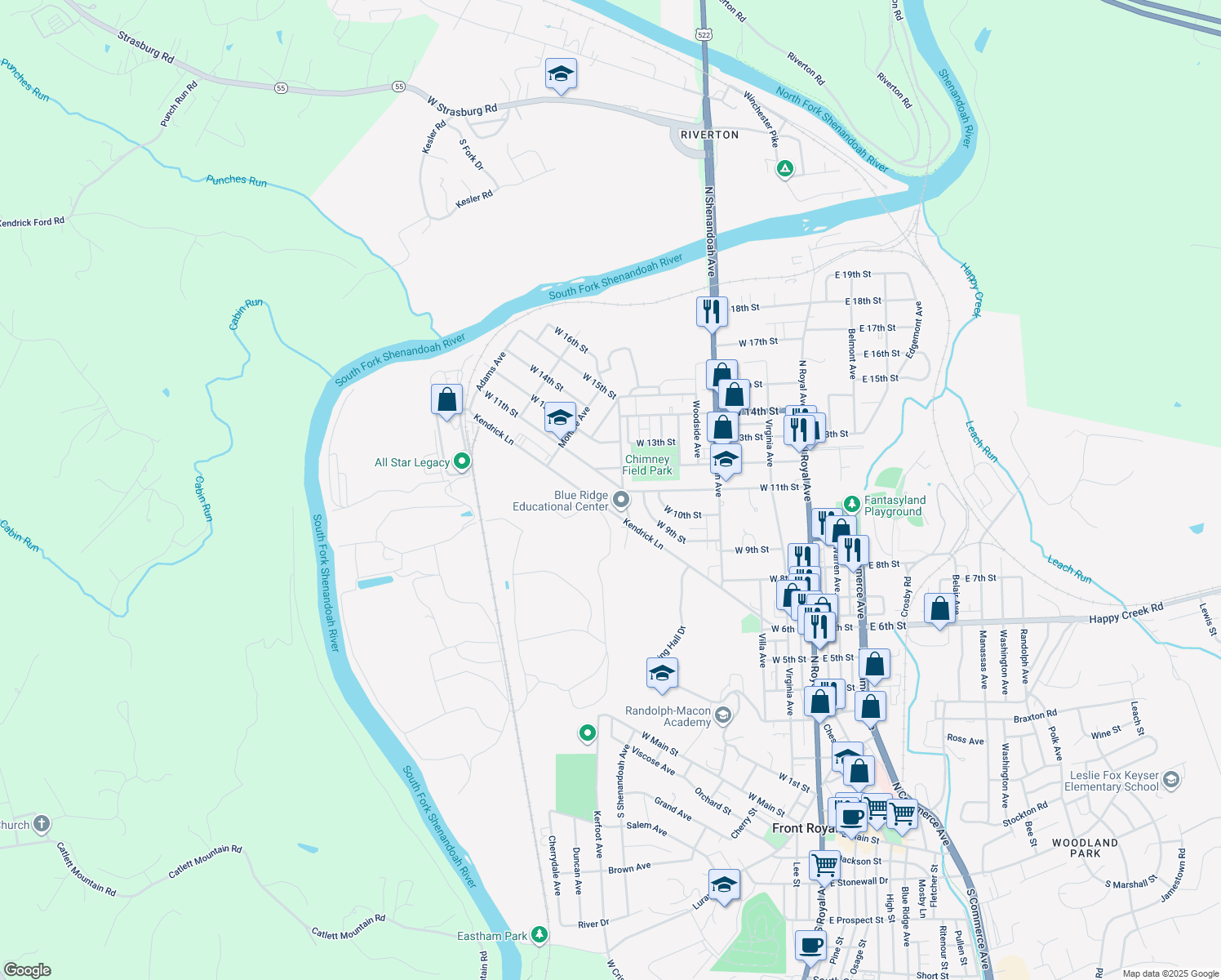 map of restaurants, bars, coffee shops, grocery stores, and more near 610 West 11th Street in Front Royal