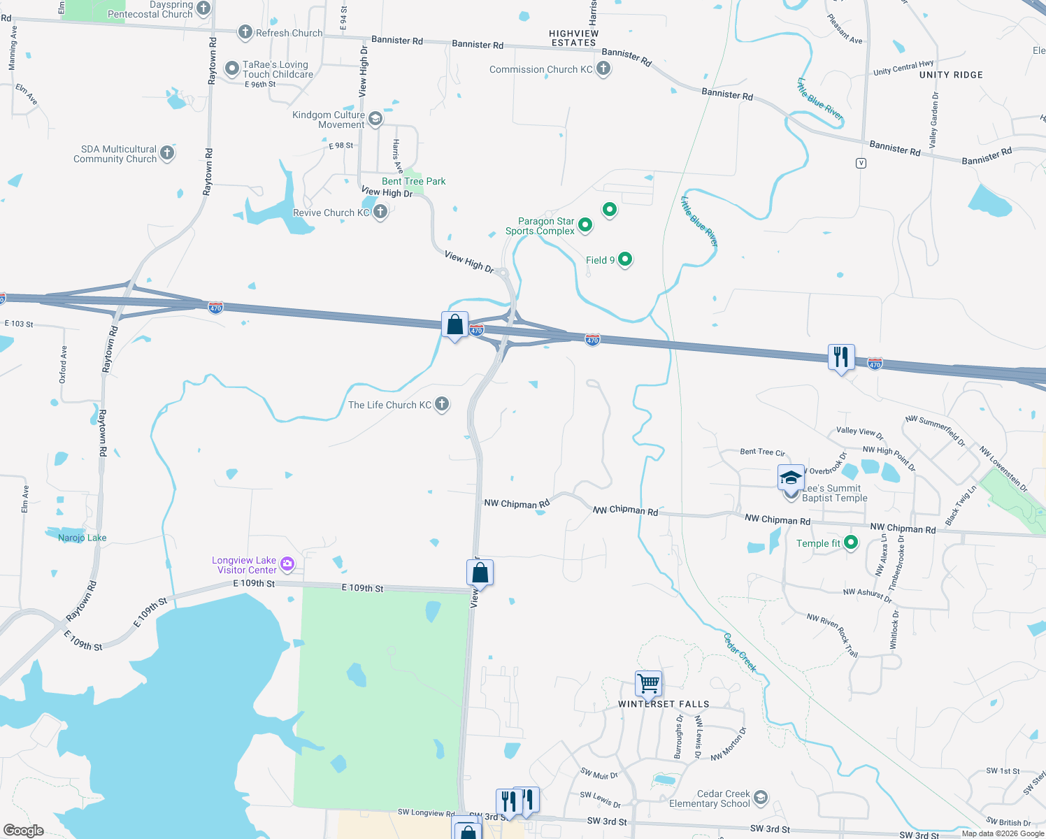 map of restaurants, bars, coffee shops, grocery stores, and more near 901 Northwest Old View High Road in Lee's Summit