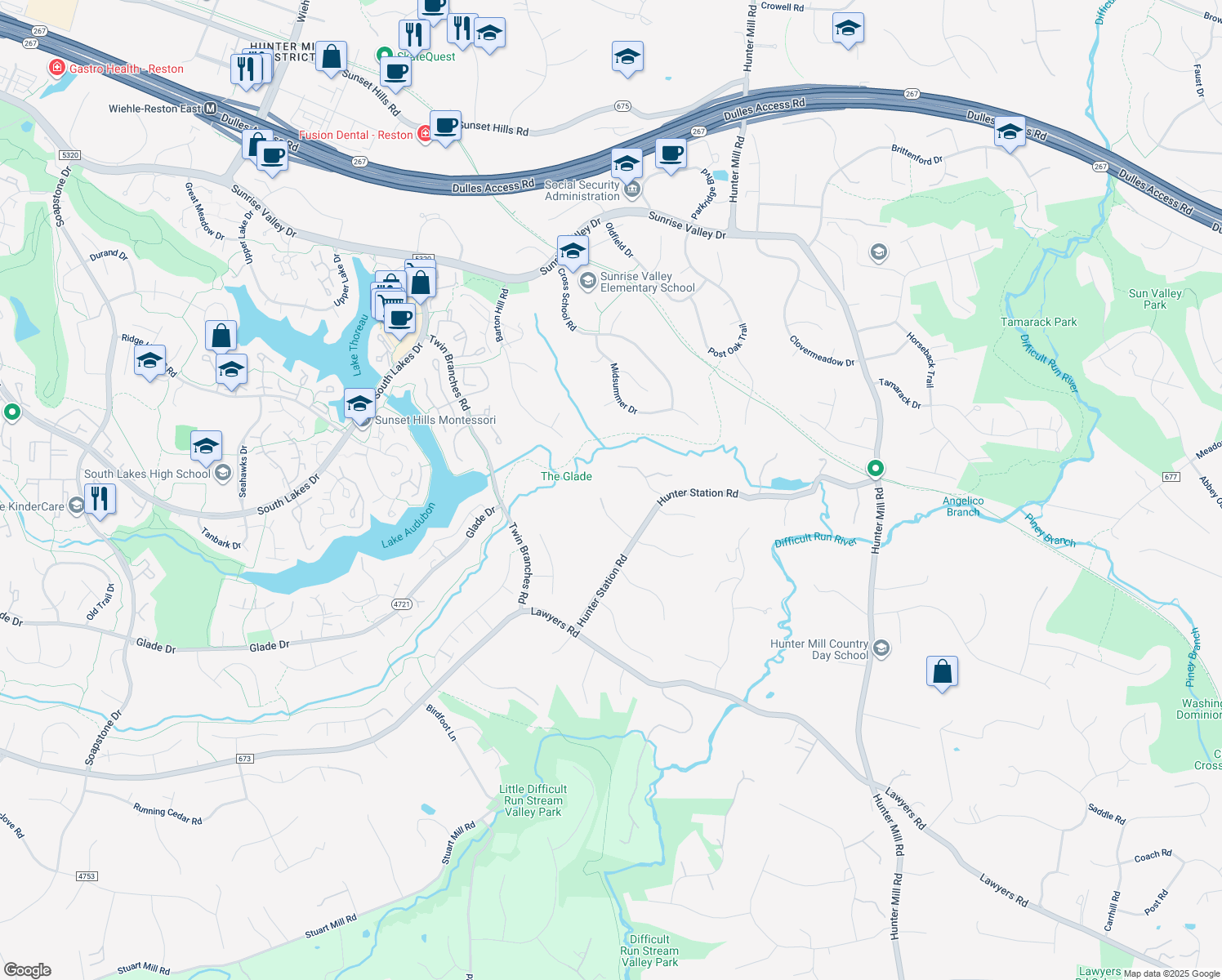 map of restaurants, bars, coffee shops, grocery stores, and more near 2057 Crossing Gate Way in Vienna
