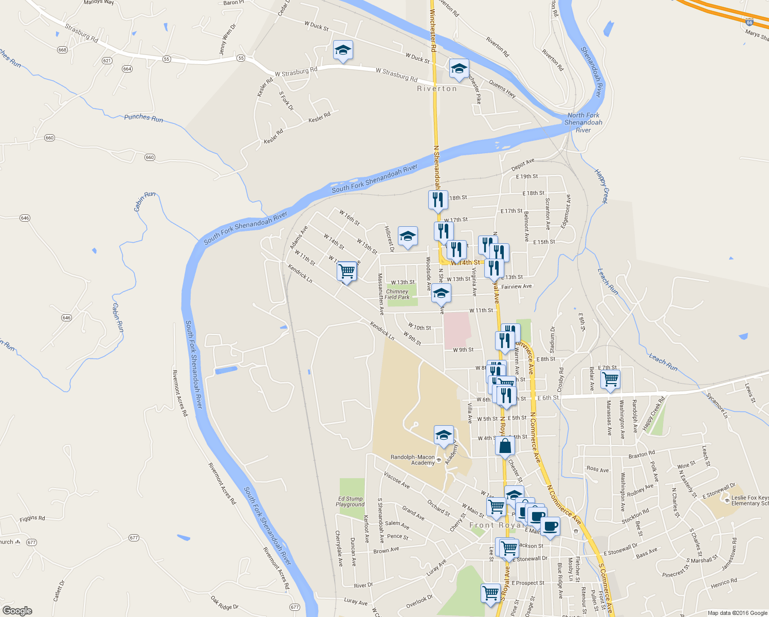 map of restaurants, bars, coffee shops, grocery stores, and more near 1103 Massanutten Avenue in Front Royal