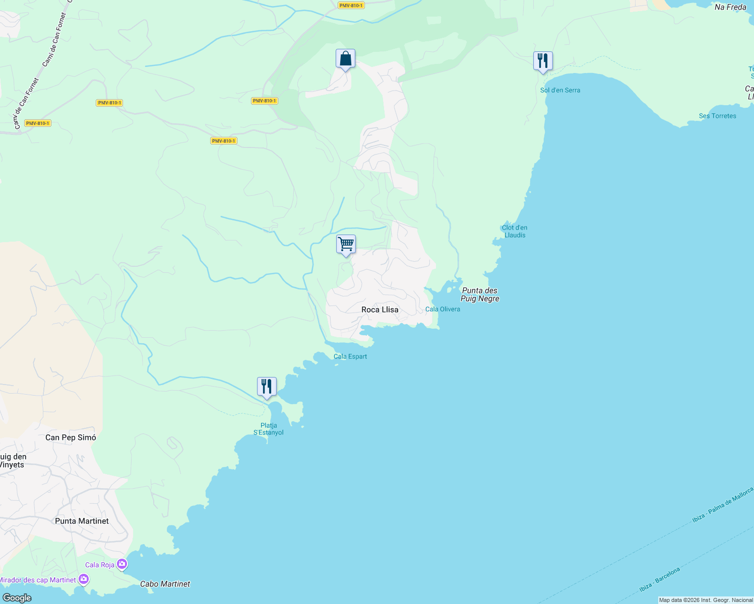 map of restaurants, bars, coffee shops, grocery stores, and more near 214 Avinguda Mar in Roca Llisa