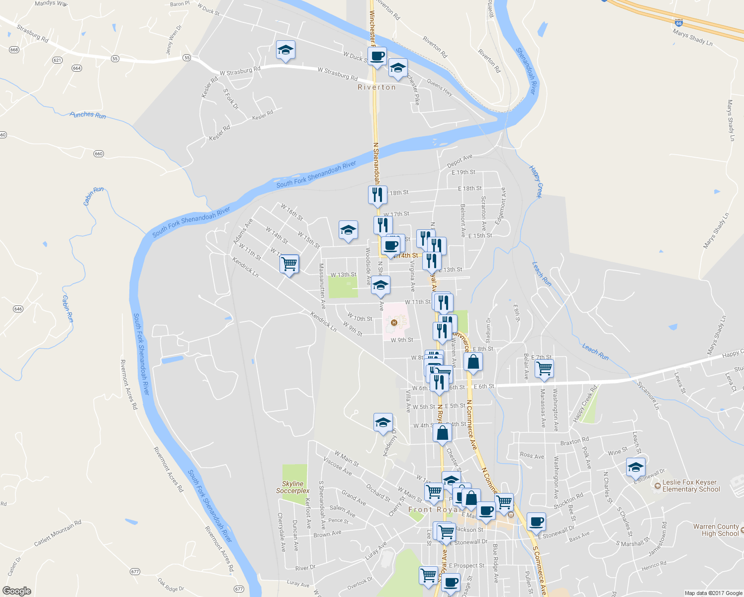 map of restaurants, bars, coffee shops, grocery stores, and more near 315 West 11th Street in Front Royal