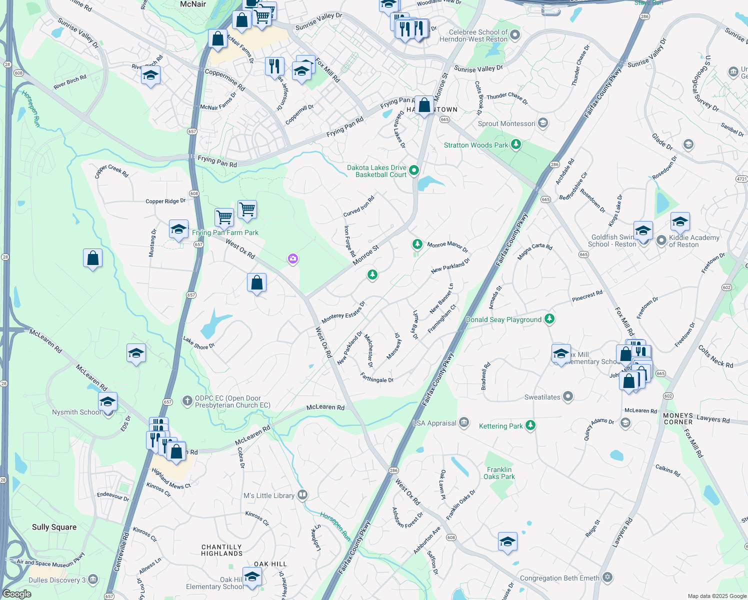 map of restaurants, bars, coffee shops, grocery stores, and more near 13035 Monterey Estates Drive in Herndon