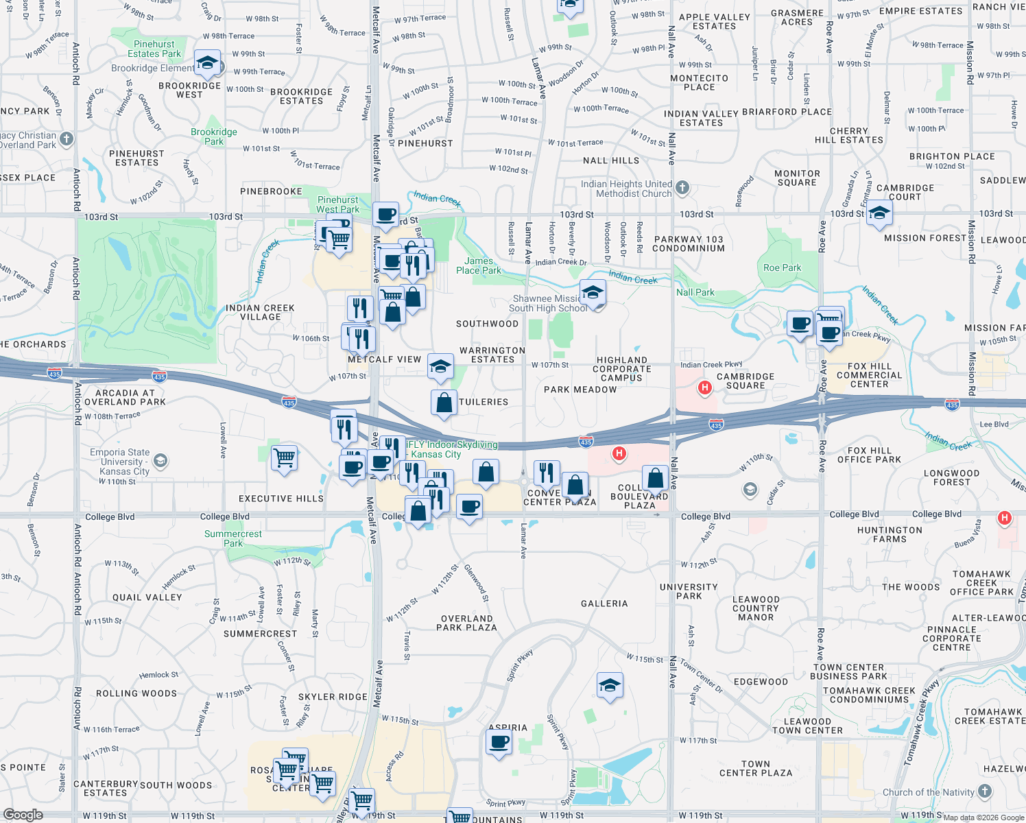 map of restaurants, bars, coffee shops, grocery stores, and more near 6307 W 108th St in Leawood