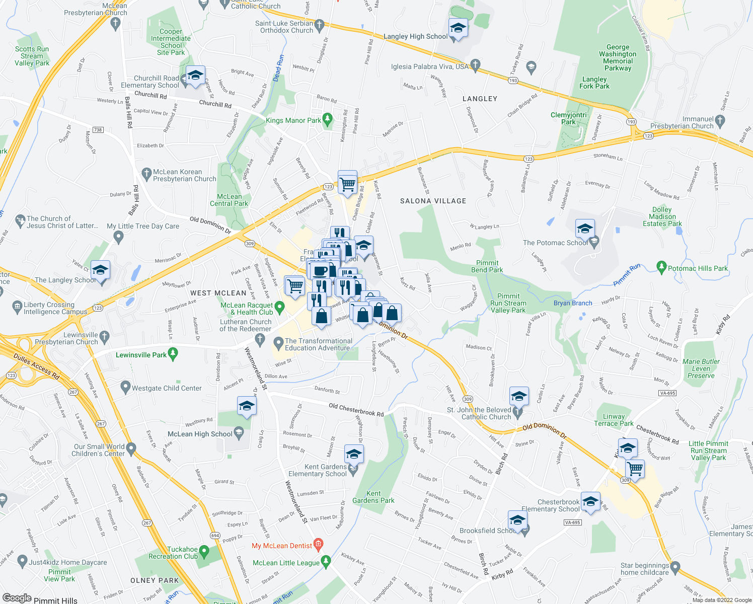 map of restaurants, bars, coffee shops, grocery stores, and more near 1459 Hampton Ridge Drive in McLean