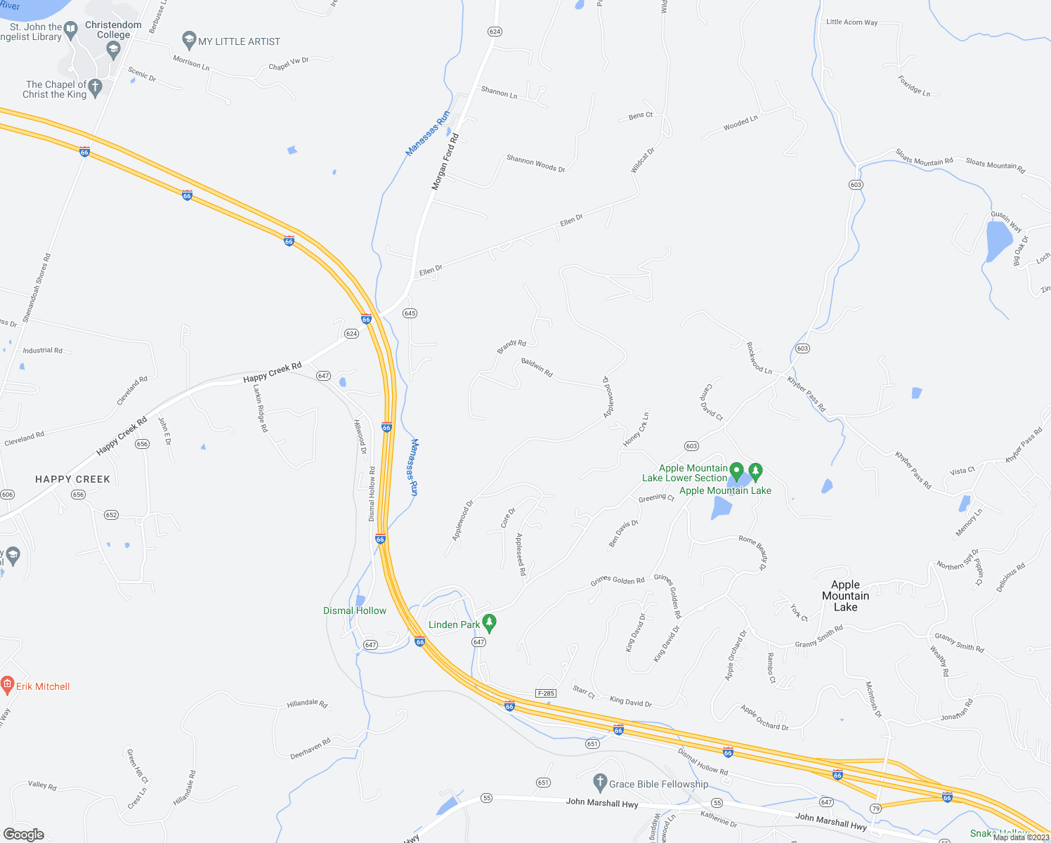 map of restaurants, bars, coffee shops, grocery stores, and more near 487 Applewood Drive in Front Royal